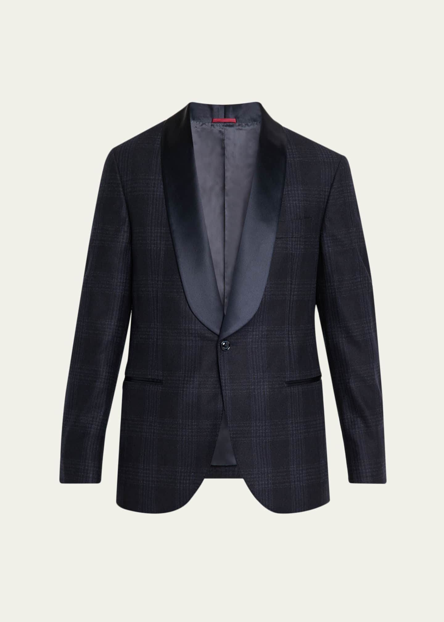 Brunello Cucinelli Men's Overplaid Satin Shawl-Lapel Tuxedo Jacket