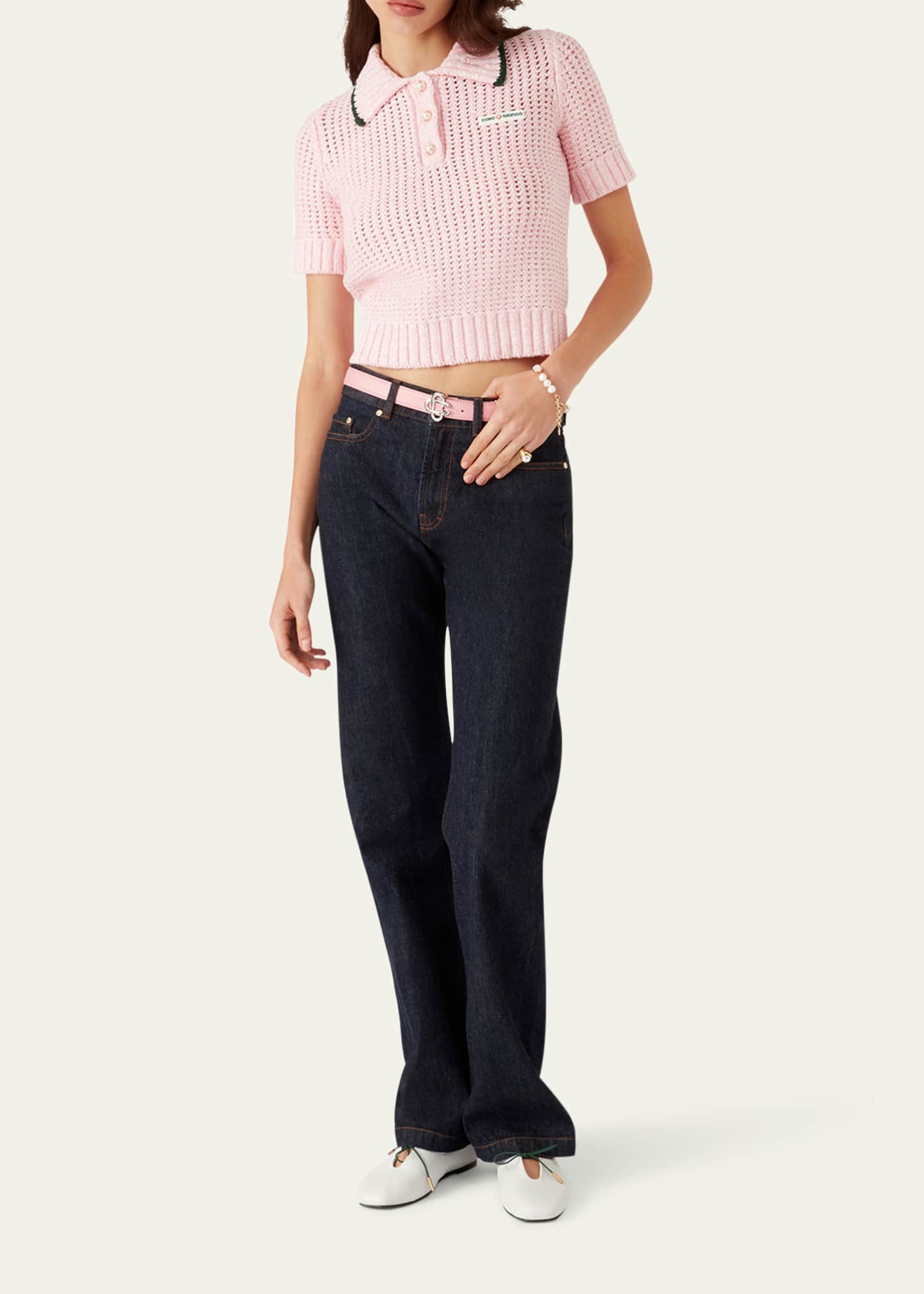 Mouline Crochet-Knit Cropped Polo