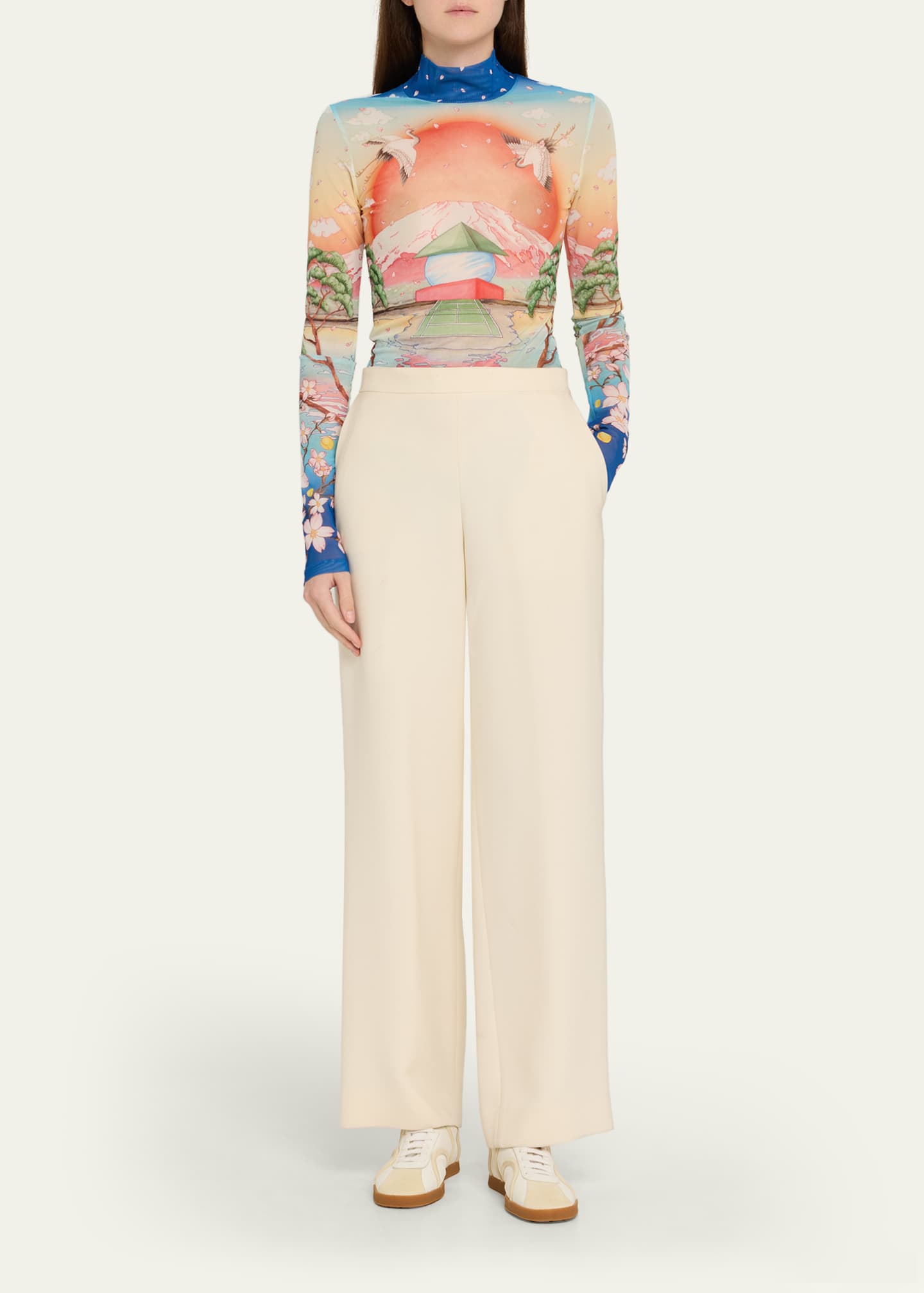 CASABLANCA Mock-Neck Printed Mesh Long-Sleeve Top - Bergdorf Goodman