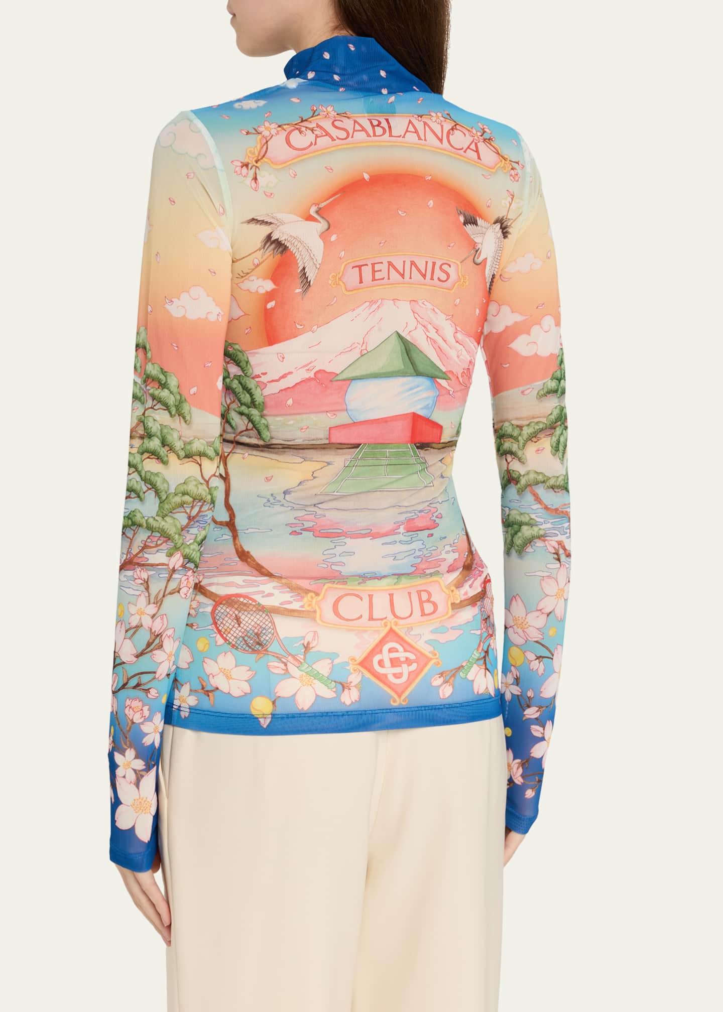 CASABLANCA Mock-Neck Printed Mesh Long-Sleeve Top - Bergdorf Goodman