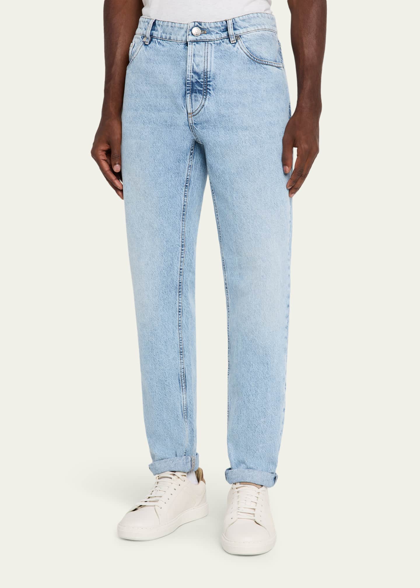 Brunello Cucinelli Men's Slim Light-Wash Denim Jeans Image 4 of 5