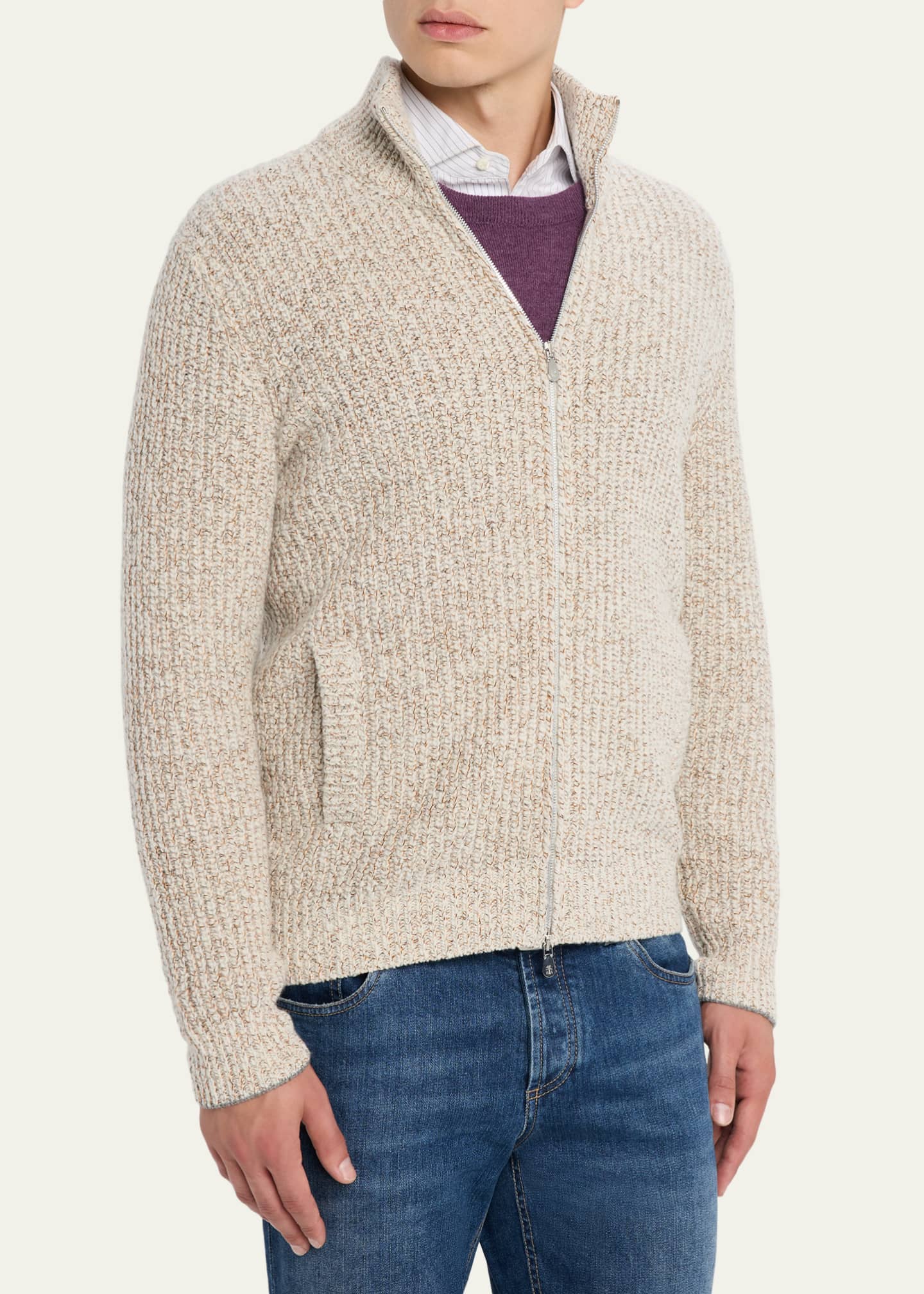 Brunello Cucinelli Men's Wool, Silk, and Cashmere Full-Zip Sweater Image 4 of 5