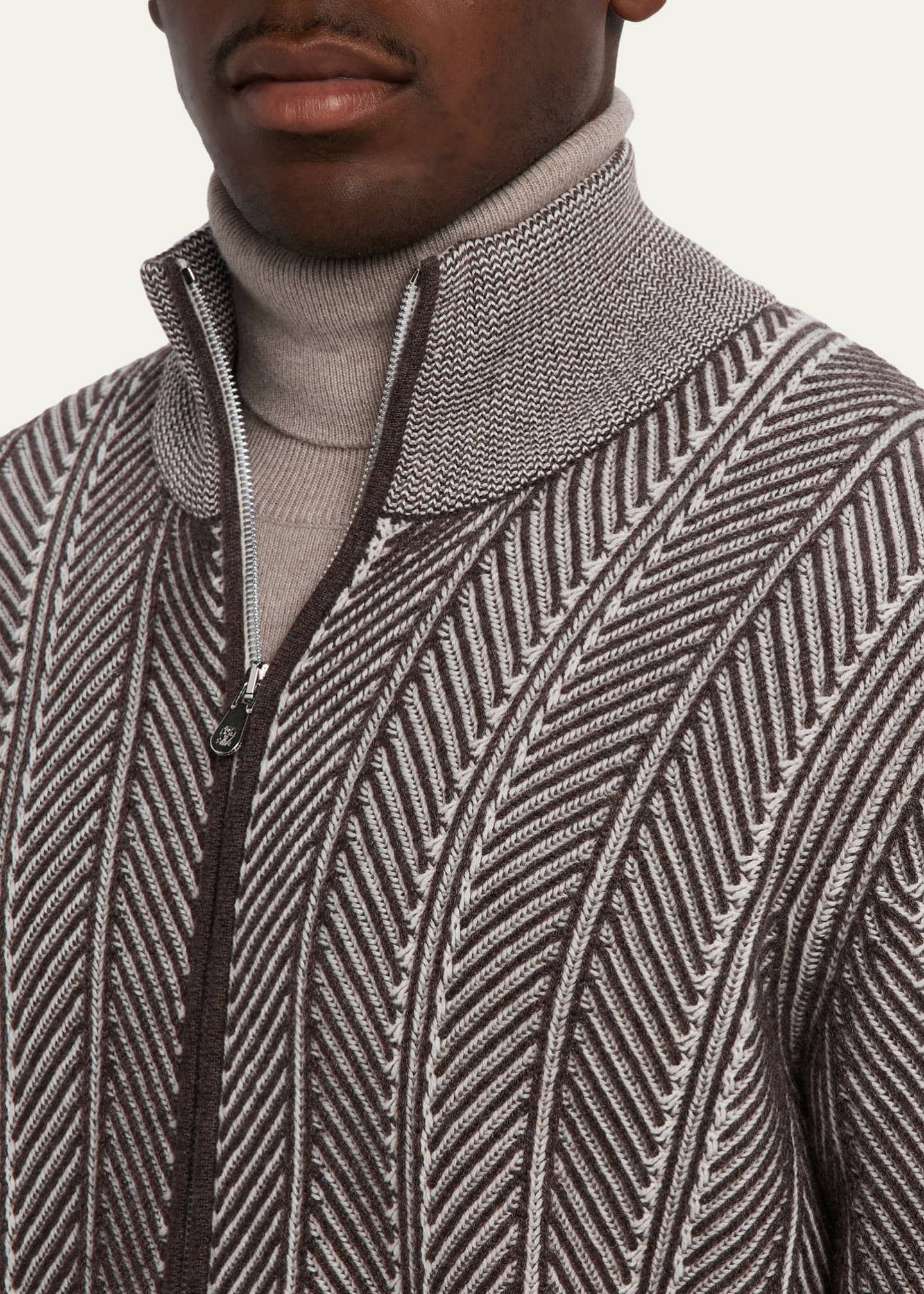 Brunello Cucinelli Men's Cashmere Chevron Full-Zip Sweater