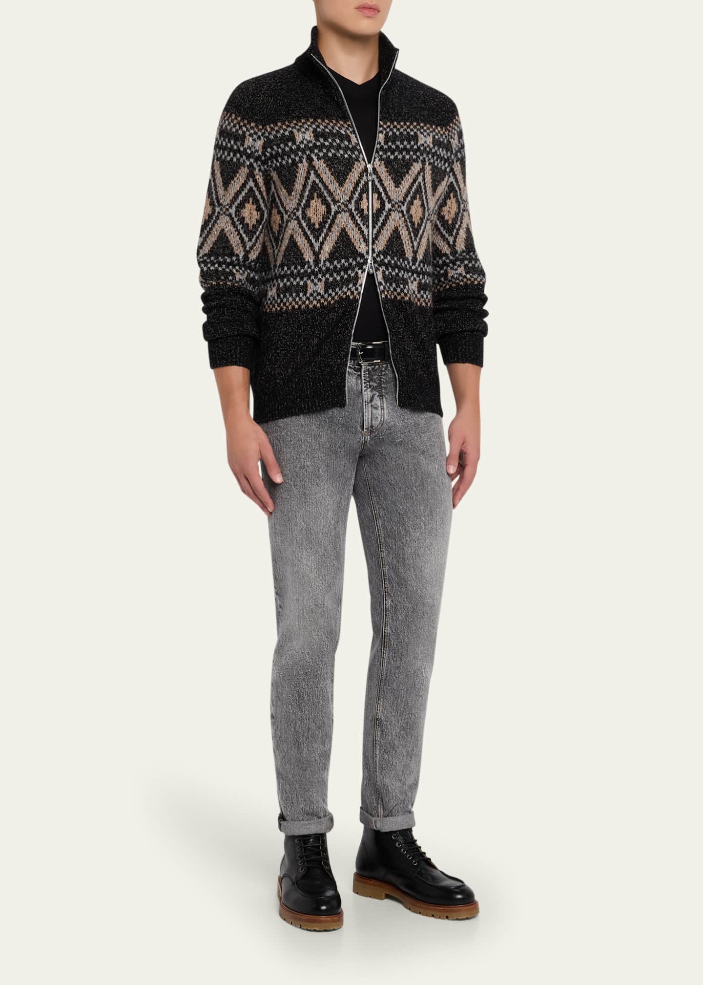 Brunello Cucinelli Men's Fair Isle Alpaca-Blend Zip Cardigan Image 2 of 5