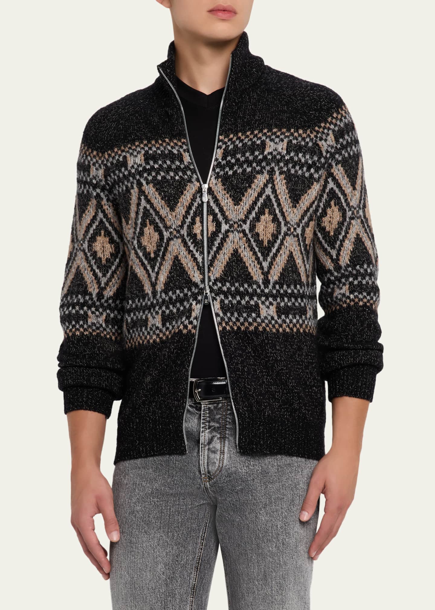 Brunello Cucinelli Men's Fair Isle Alpaca-Blend Zip Cardigan Image 4 of 5