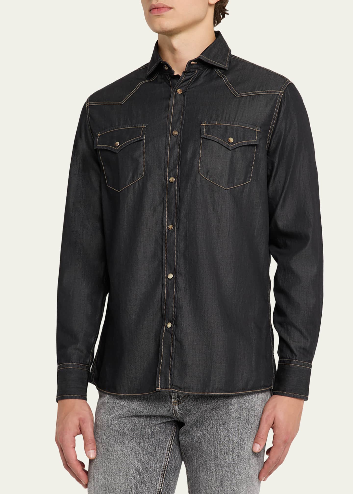Brunello Cucinelli Mens Lightweight Denim Western Shirt - Bergdorf