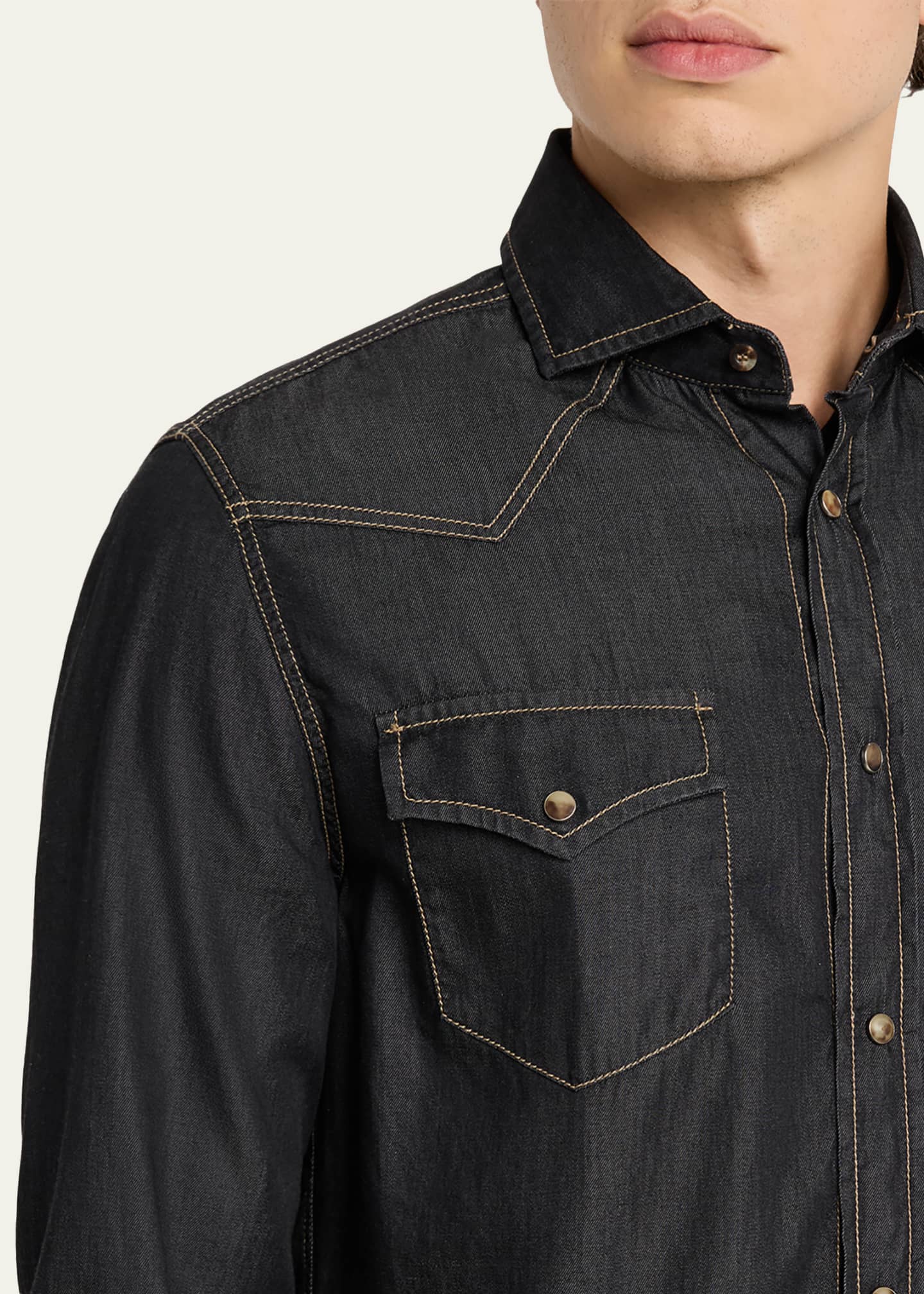 Brunello Cucinelli Mens Lightweight Denim Western Shirt - Bergdorf