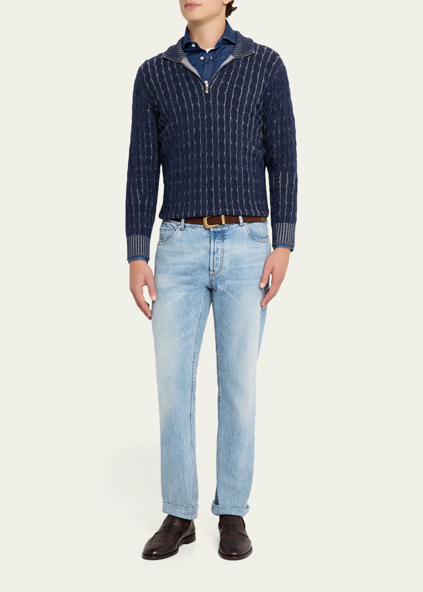 Brunello Cucinelli Men's Denim Spread Collar Button-Down Shirt