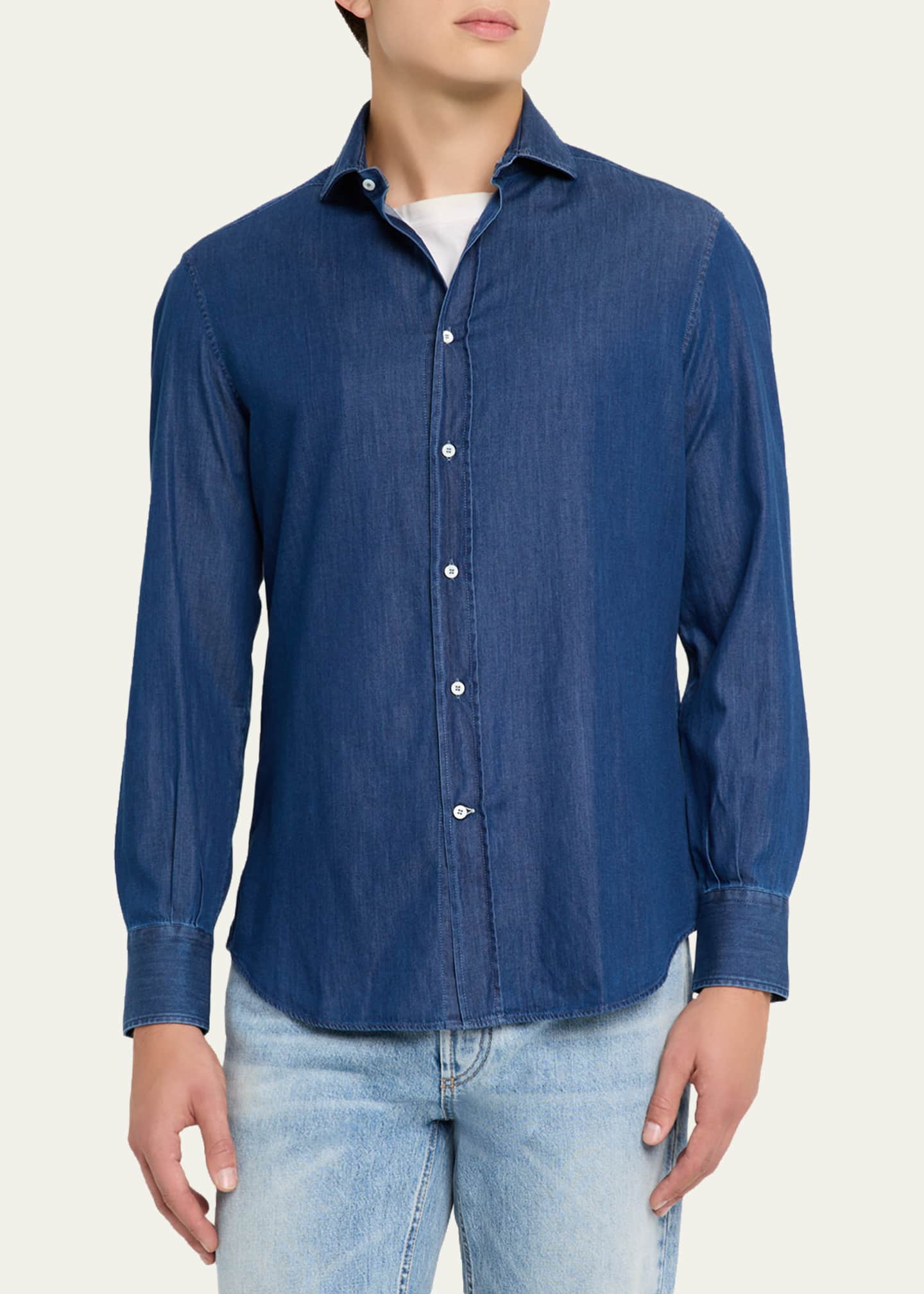 Brunello Cucinelli Men's Denim Spread Collar Button-Down Shirt