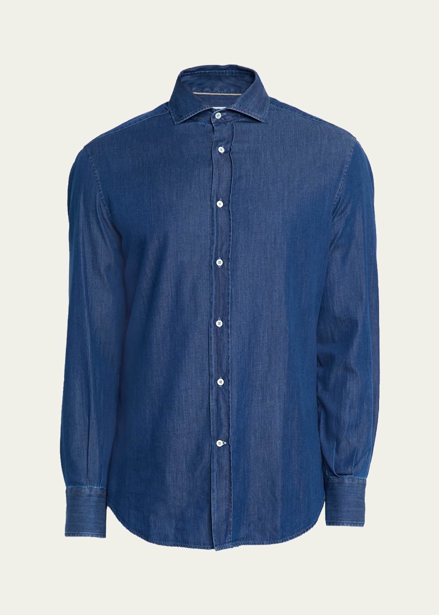 Brunello Cucinelli Men's Denim Spread Collar Button-Down Shirt