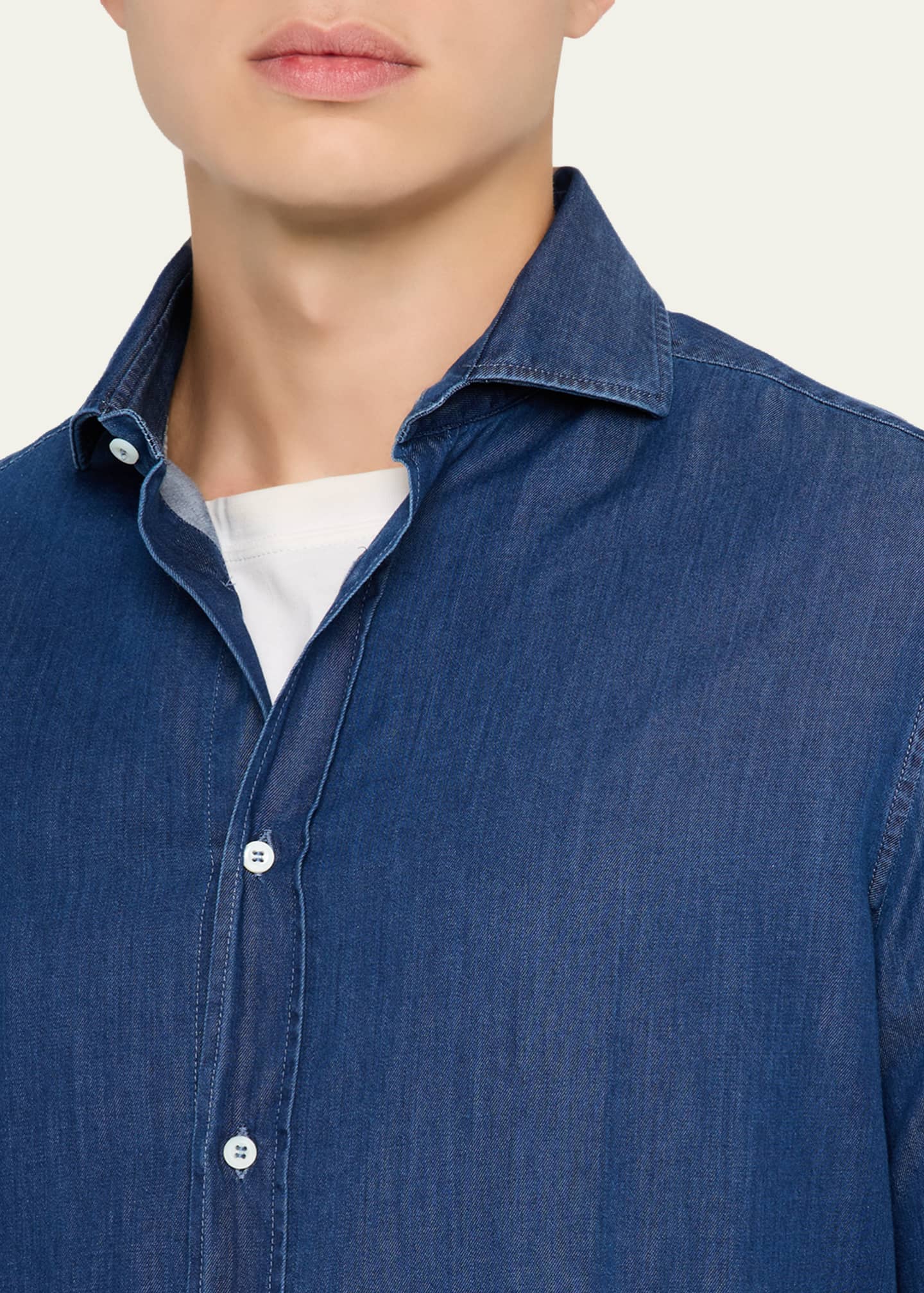 Brunello Cucinelli Men's Denim Spread Collar Button-Down Shirt