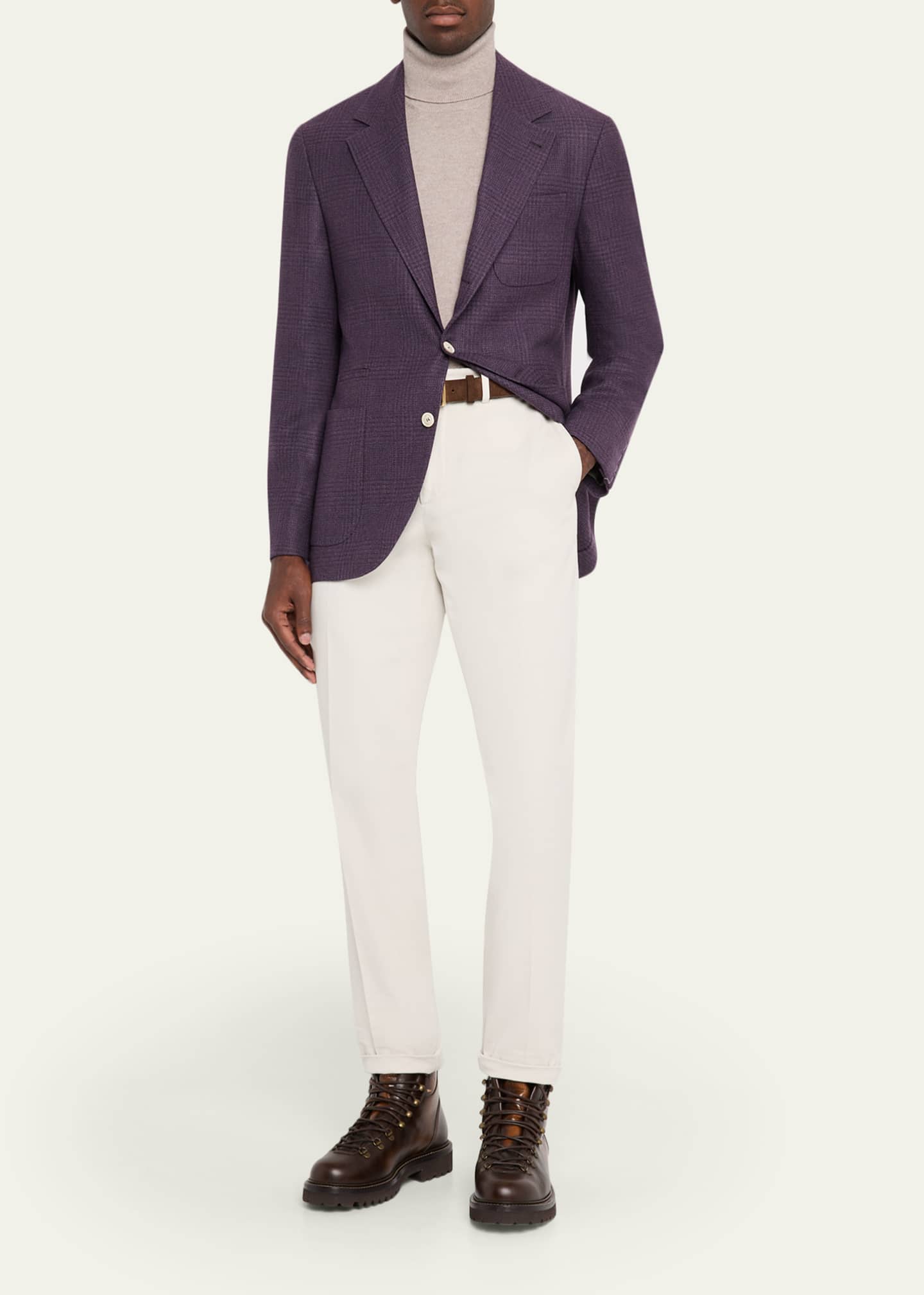 Brunello Cucinelli Men's Tonal Prince of Wales Patch-Pocket Sport Coat Image 2 of 5