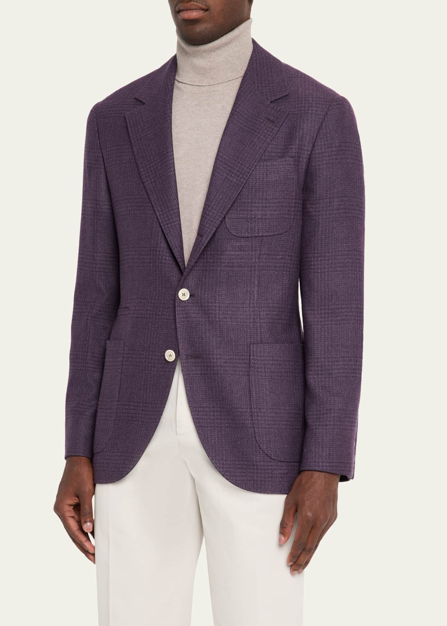 Brunello Cucinelli Men's Tonal Prince of Wales Patch-Pocket Sport Coat Image 4 of 5