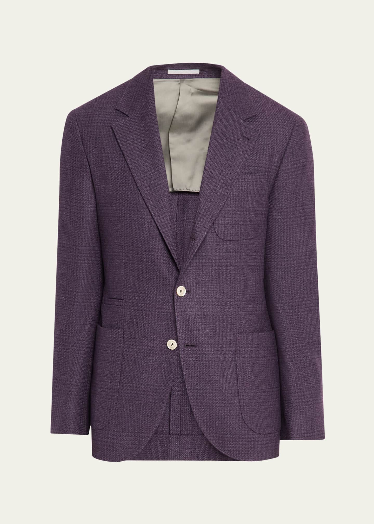 Brunello Cucinelli Men's Tonal Prince of Wales Patch-Pocket Sport Coat Image 1 of 5