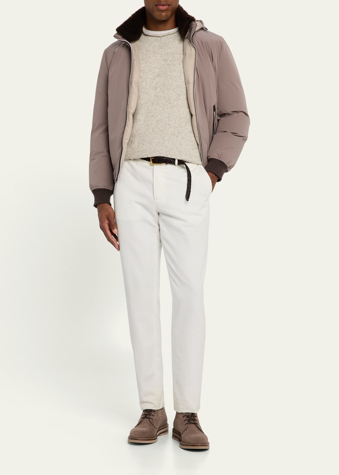 Brunello Cucinelli Men's Full-Zip Nylon and Shearling Jacket with Detachable Hood Image 2 of 5