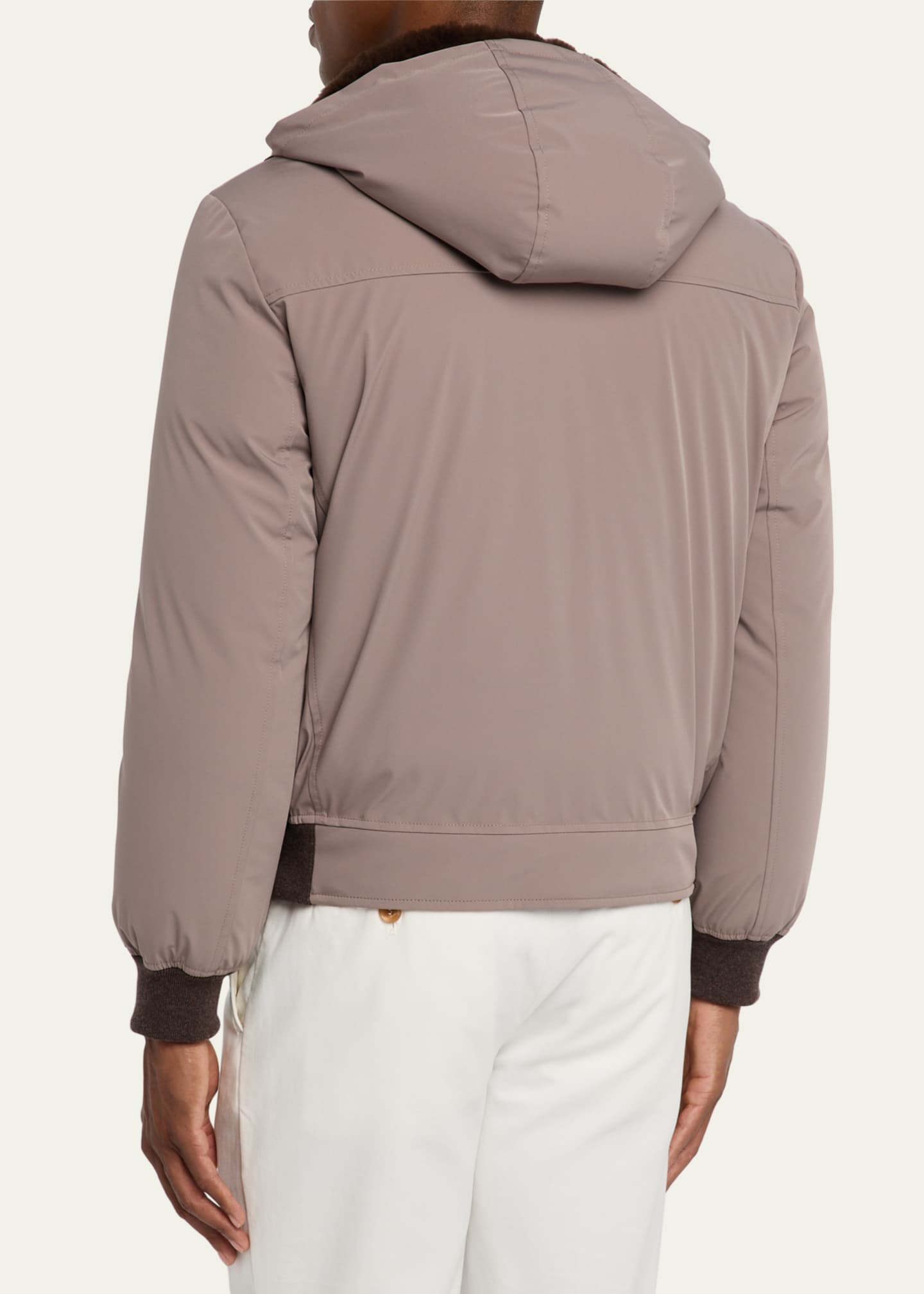 Brunello Cucinelli Men's Full-Zip Nylon and Shearling Jacket with Detachable Hood Image 3 of 5