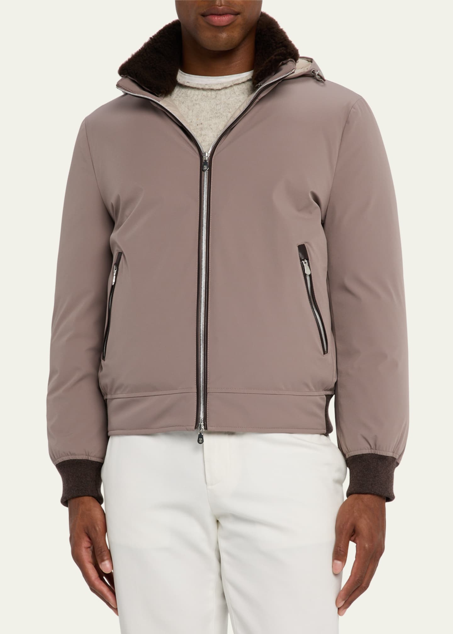 Brunello Cucinelli Men's Full-Zip Nylon and Shearling Jacket with Detachable Hood Image 4 of 5
