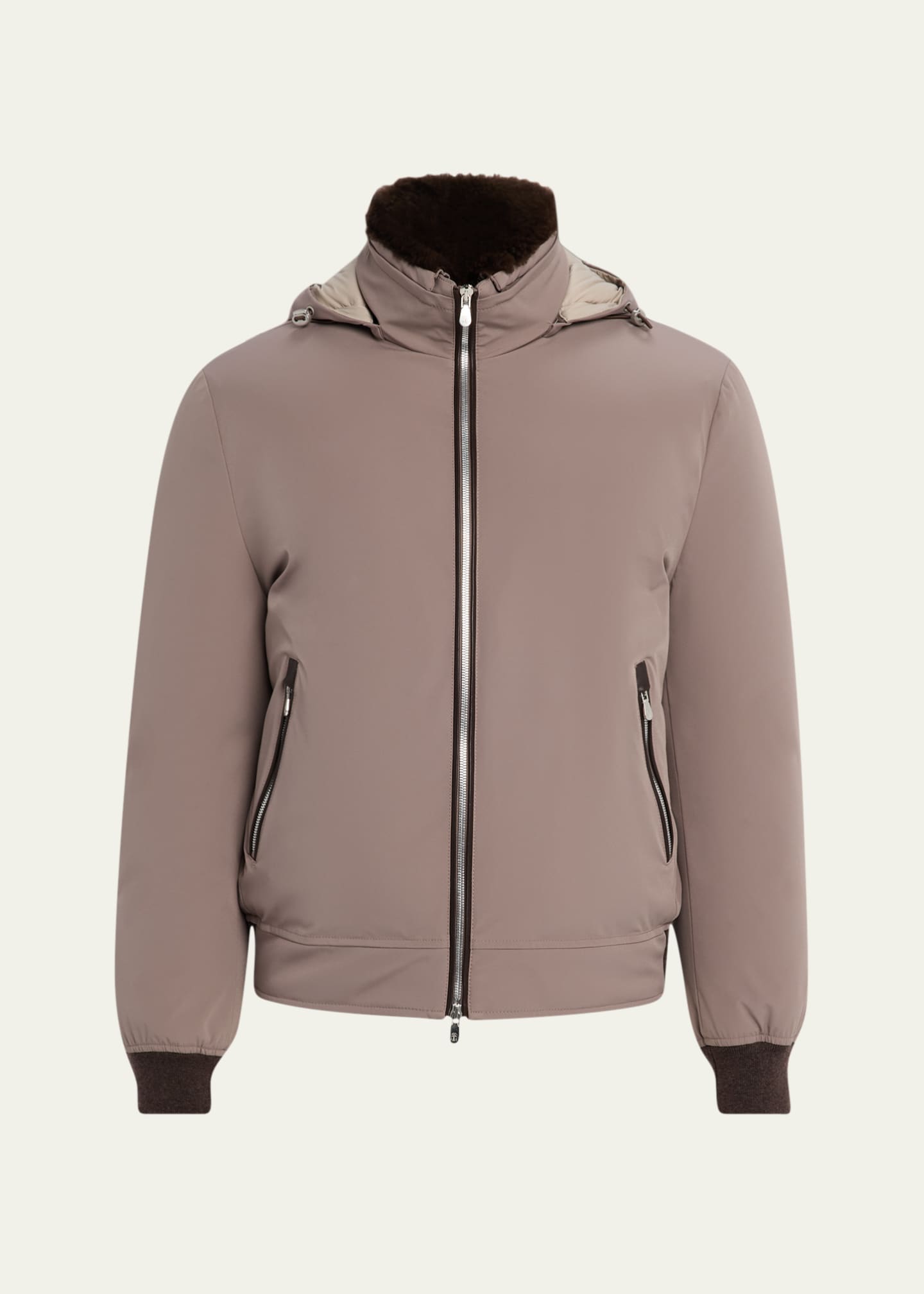 Brunello Cucinelli Men's Full-Zip Nylon and Shearling Jacket with Detachable Hood Image 1 of 5