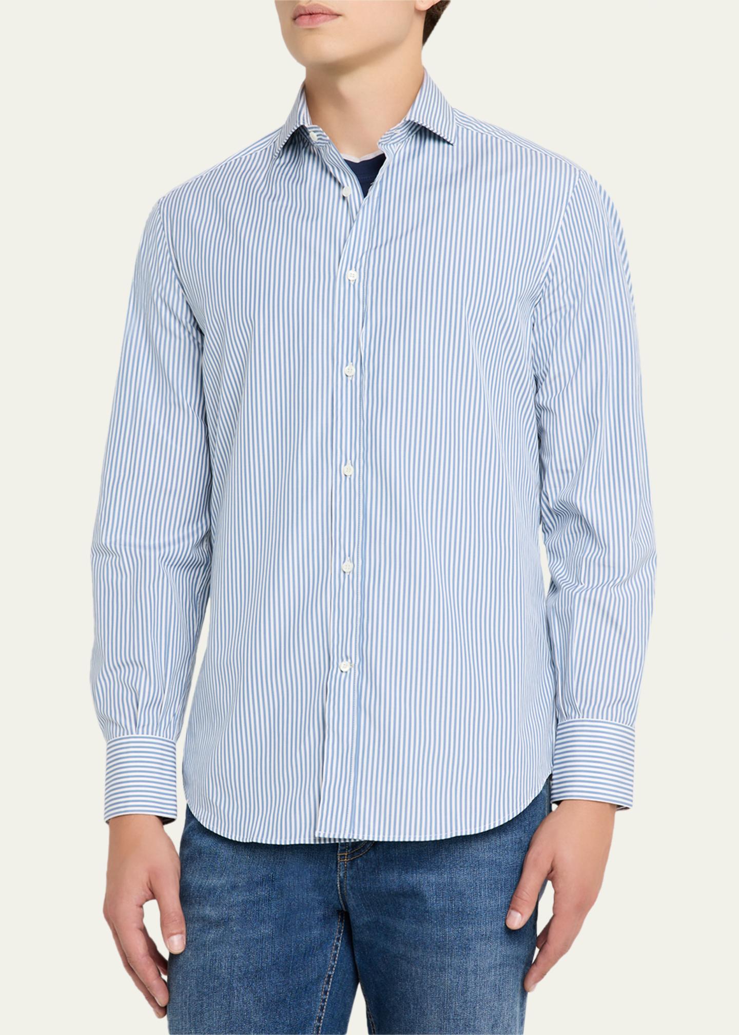 Brunello Cucinelli Men's Narrow Striped Long-Sleeve Shirt
