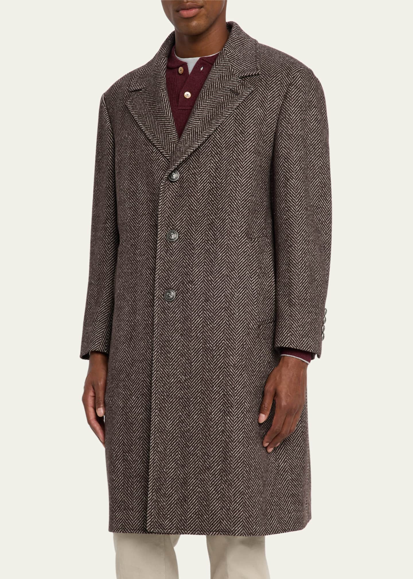 Brunello Cucinelli Men's Chevron Raglan-Sleeve Overcoat Image 4 of 5