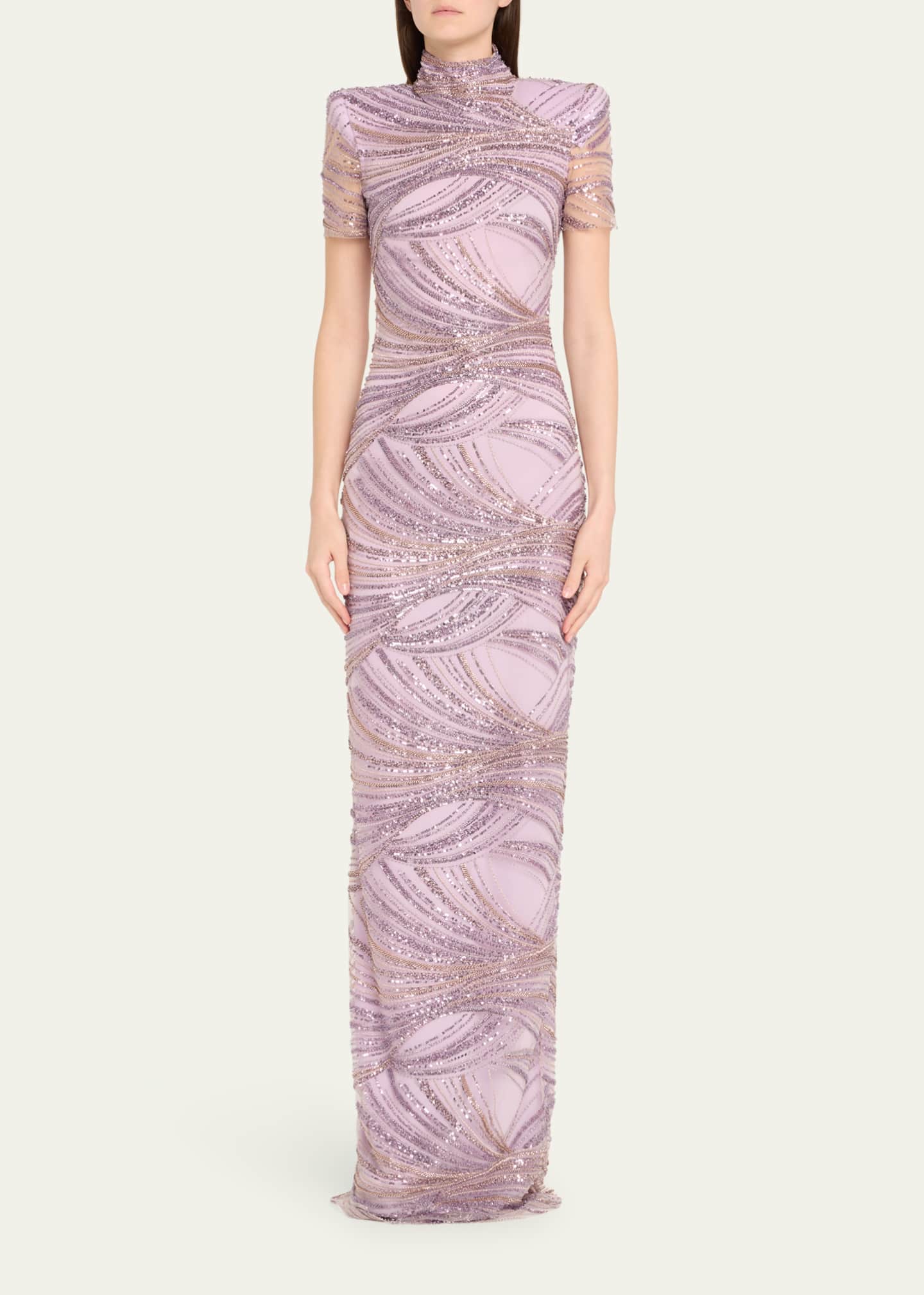Naeem Khan Mock Neck Sequined Column Gown Image 2 of 5