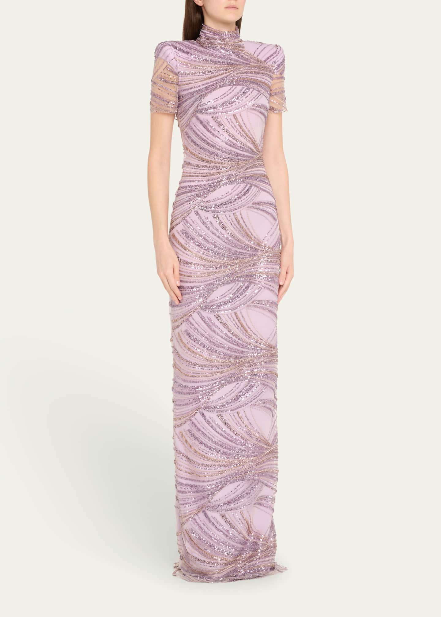 Naeem Khan Mock Neck Sequined Column Gown Image 4 of 5