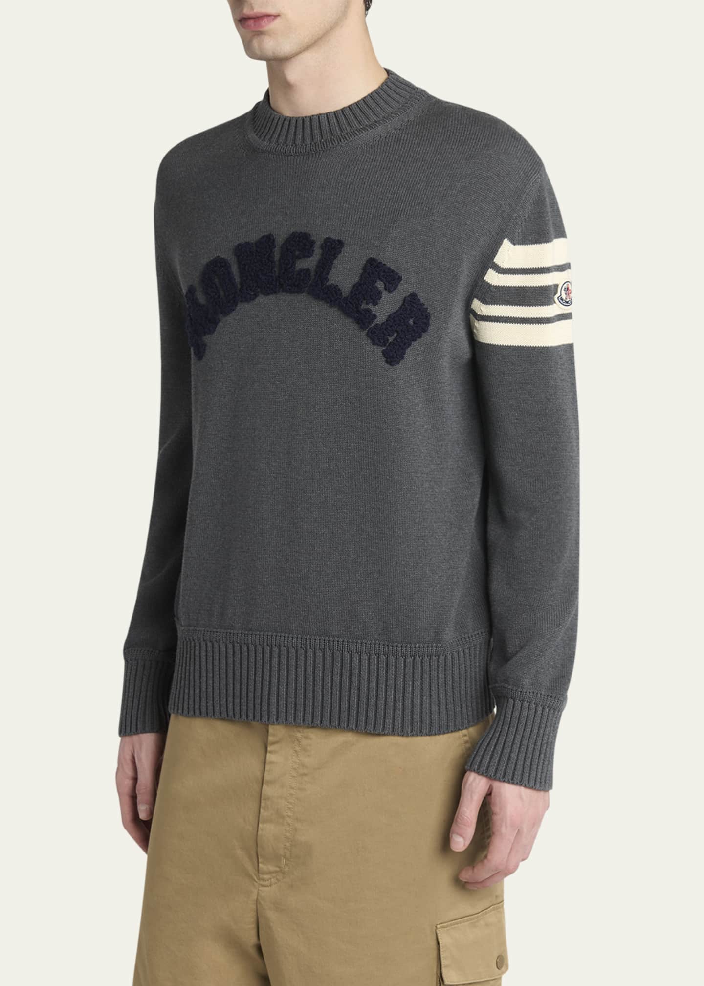 Moncler Men's Curved Logo Knit Crewneck Sweater - Bergdorf Goodman