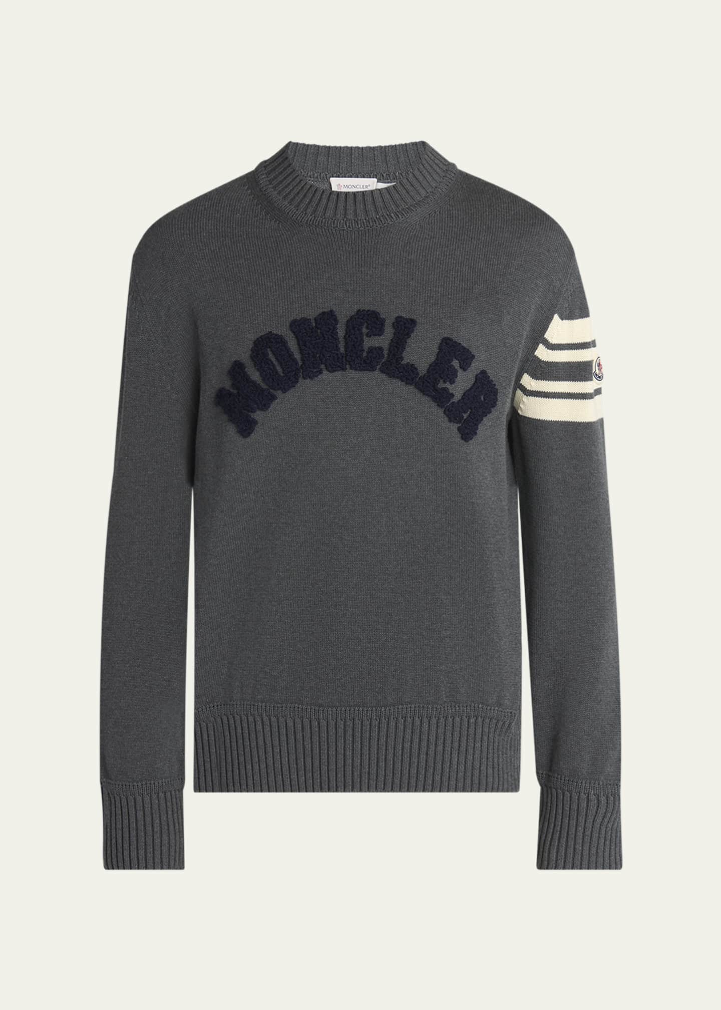 Moncler Men's Curved Logo Knit Crewneck Sweater - Bergdorf Goodman
