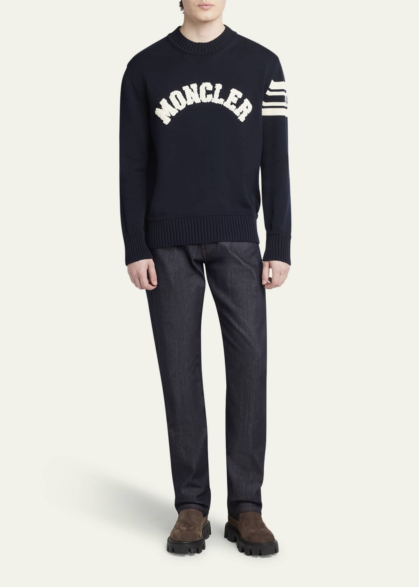 Moncler Men's Curved Logo Knit Crewneck Sweater Image 2 of 5
