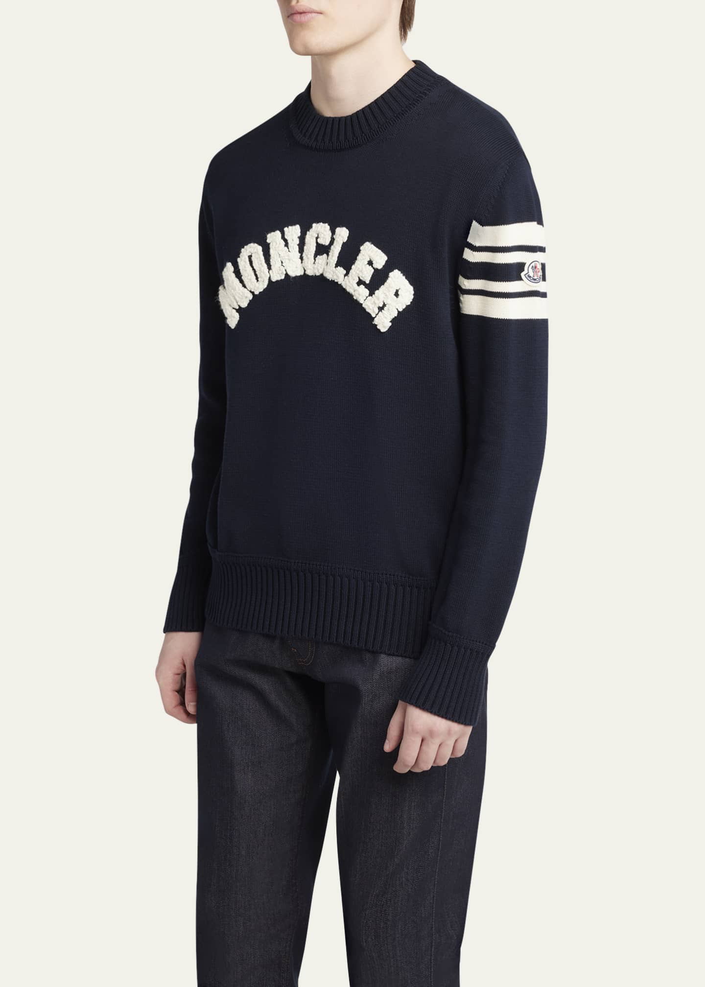 Moncler Men's Curved Logo Knit Crewneck Sweater Image 4 of 5