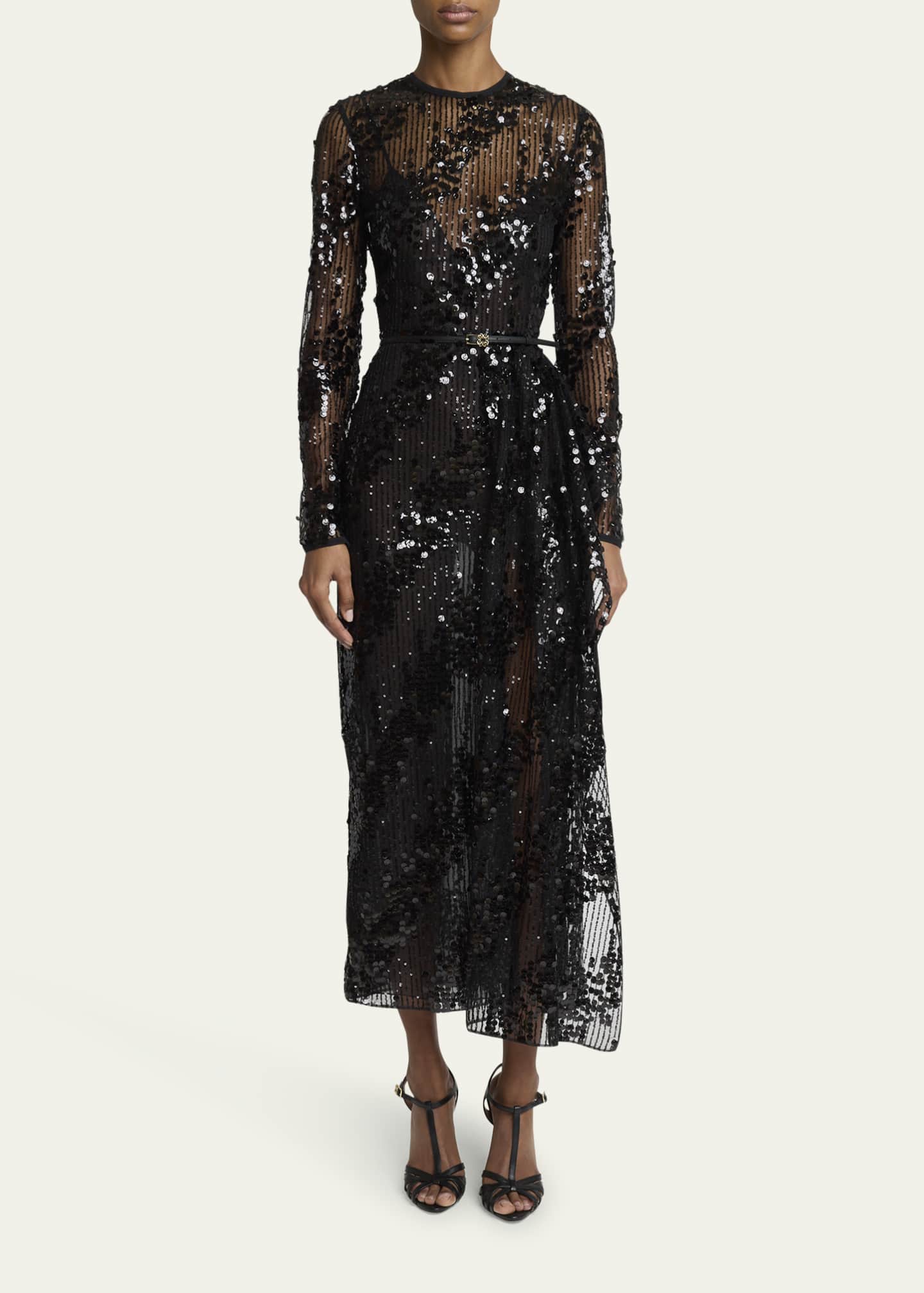 Elie Saab Sequined Long-Sleeve Midi Dress Image 2 of 5