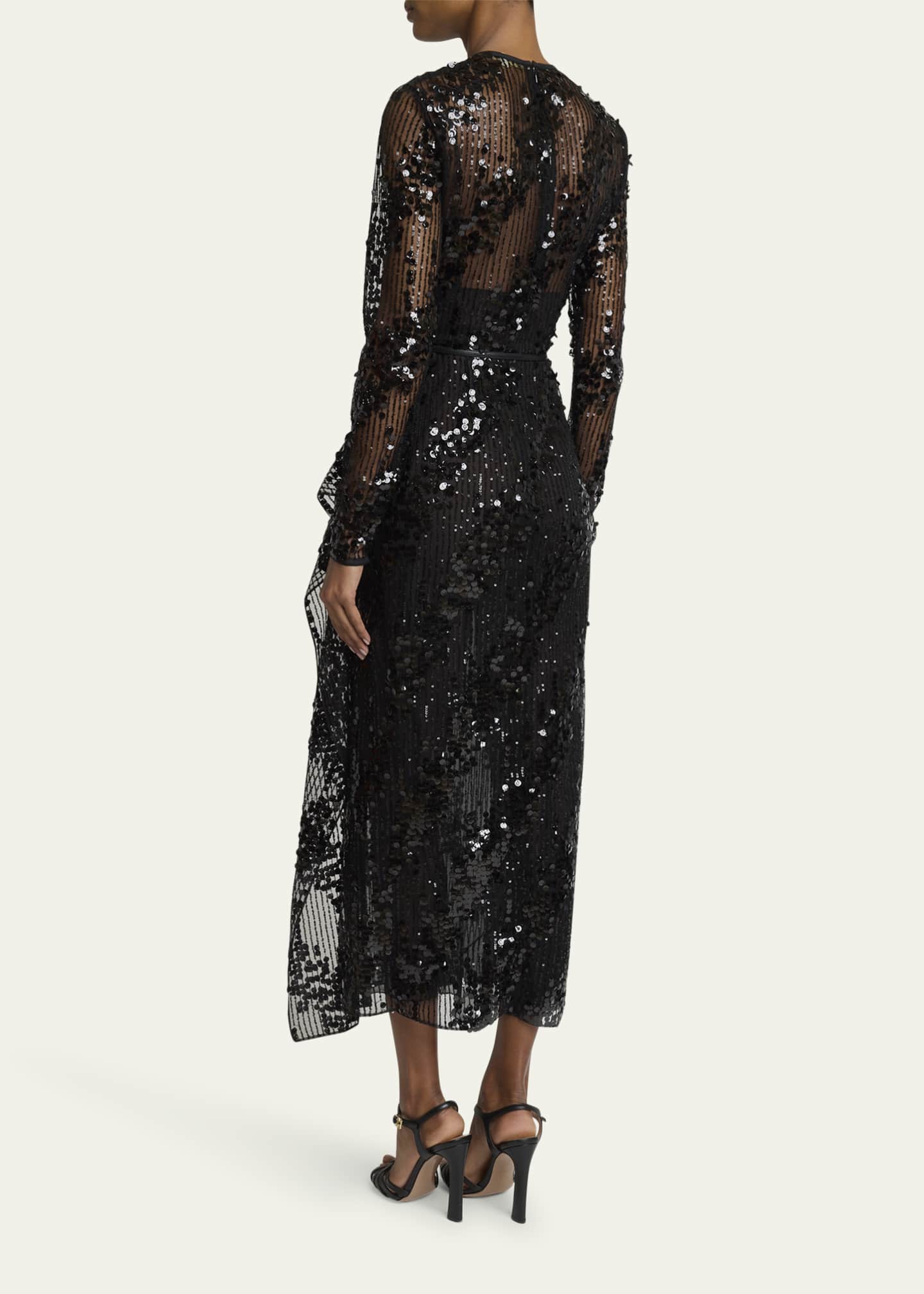 Elie Saab Sequined Long-Sleeve Midi Dress Image 3 of 5