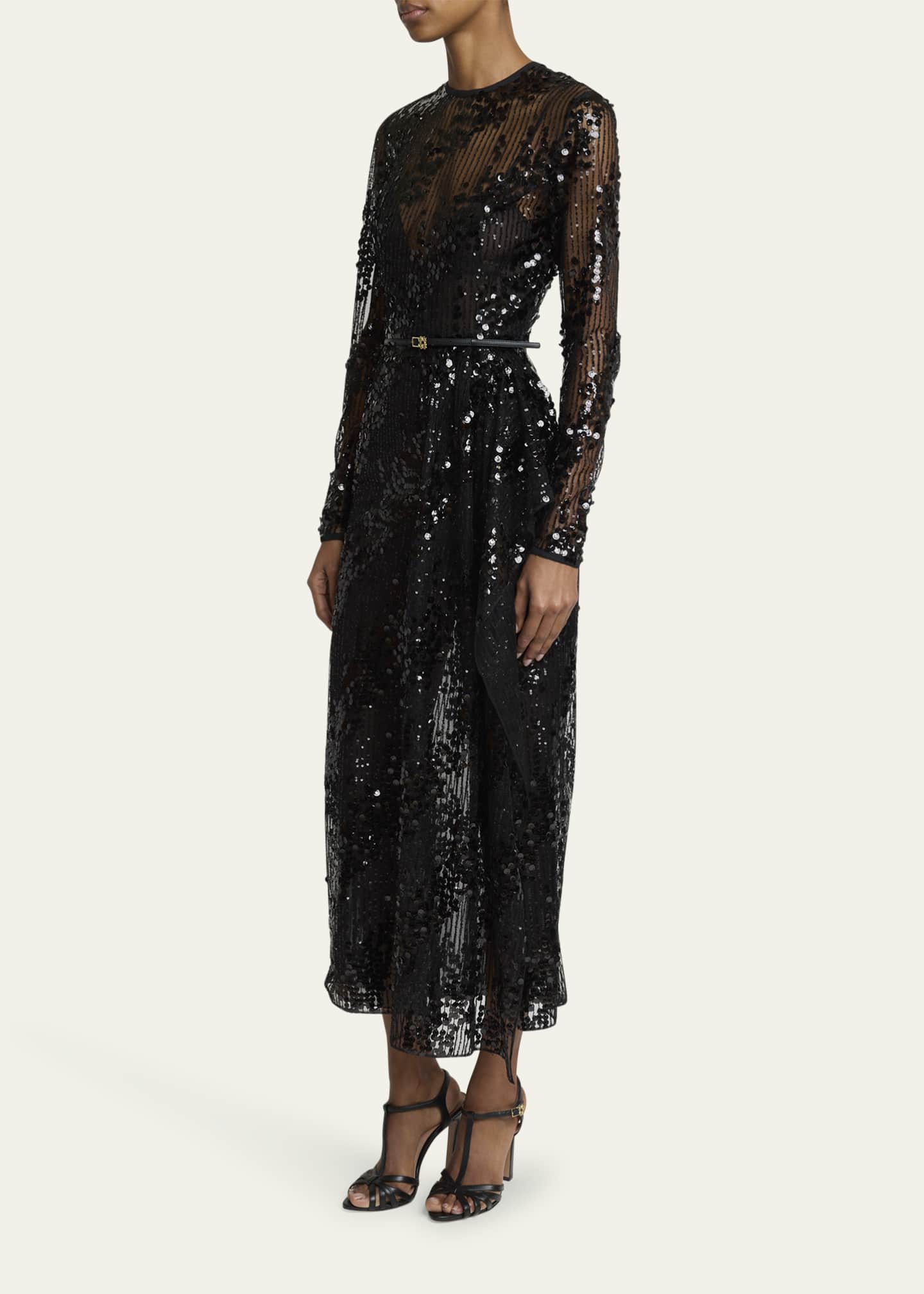 Elie Saab Sequined Long-Sleeve Midi Dress Image 4 of 5