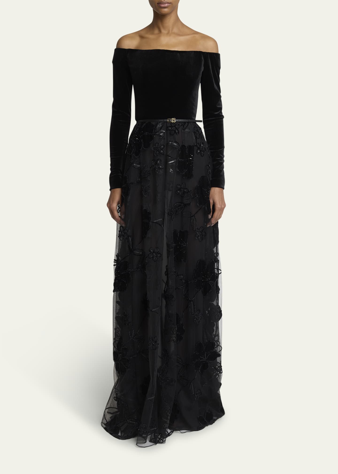 Elie Saab Off-The-Shoulder Velvet Sequined Tulle Gown Image 2 of 5