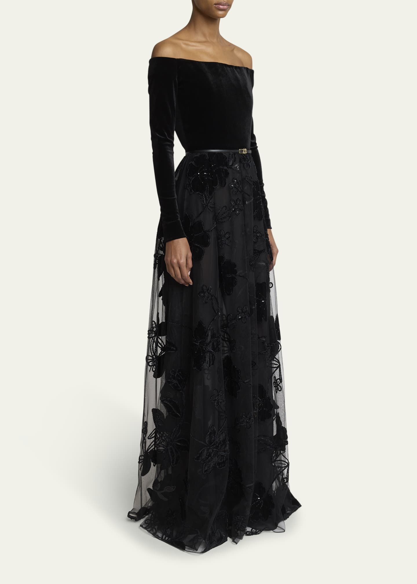 Elie Saab Off-The-Shoulder Velvet Sequined Tulle Gown Image 4 of 5