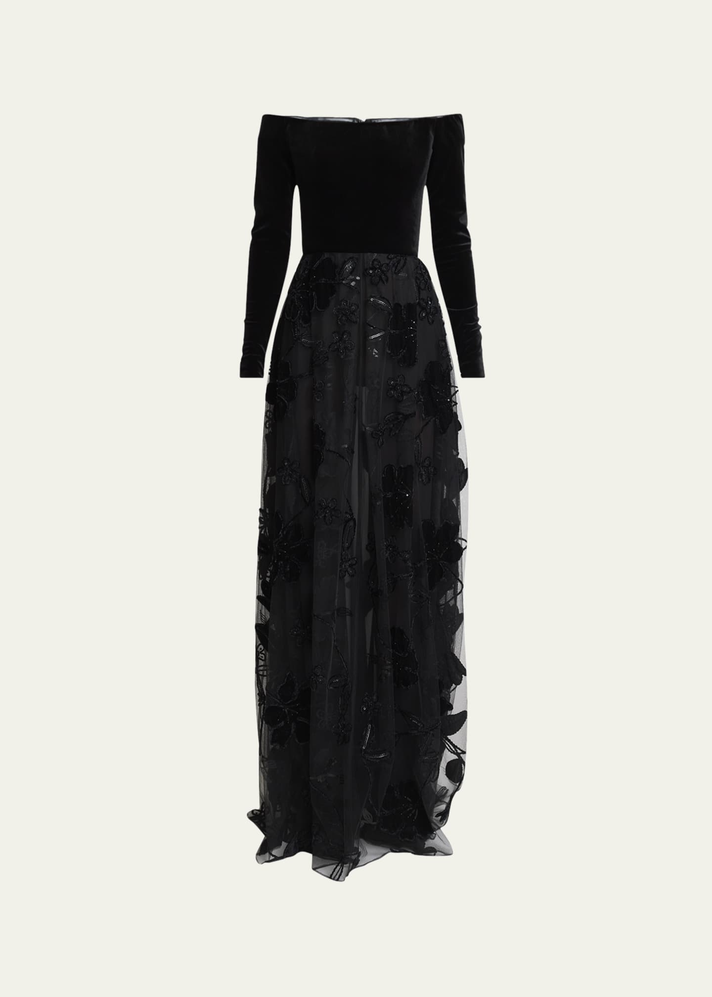 Elie Saab Off-The-Shoulder Velvet Sequined Tulle Gown Image 1 of 5