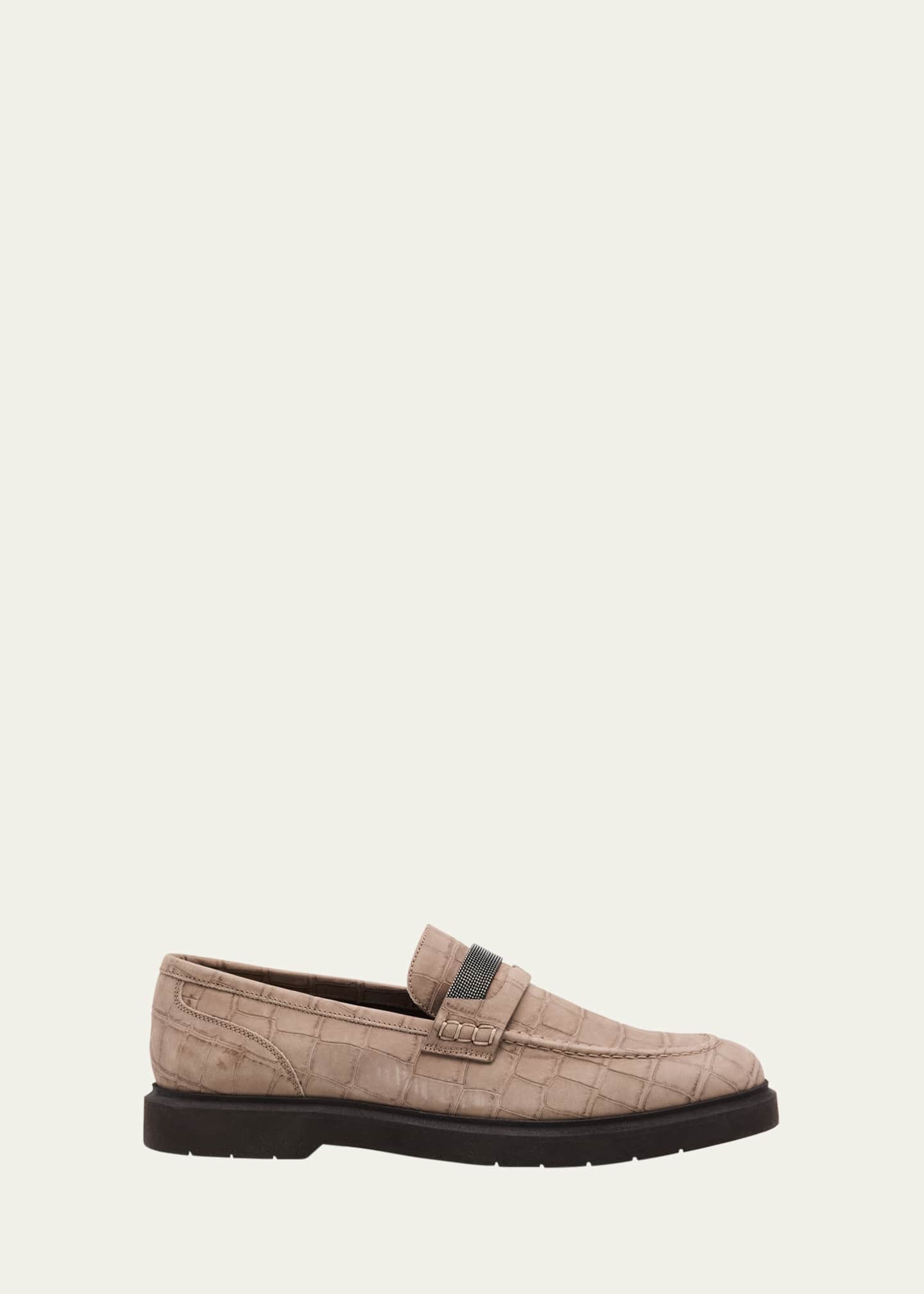 Brunello Cucinelli Croc-Embossed Suede Monili Penny Loafers Image 1 of 4