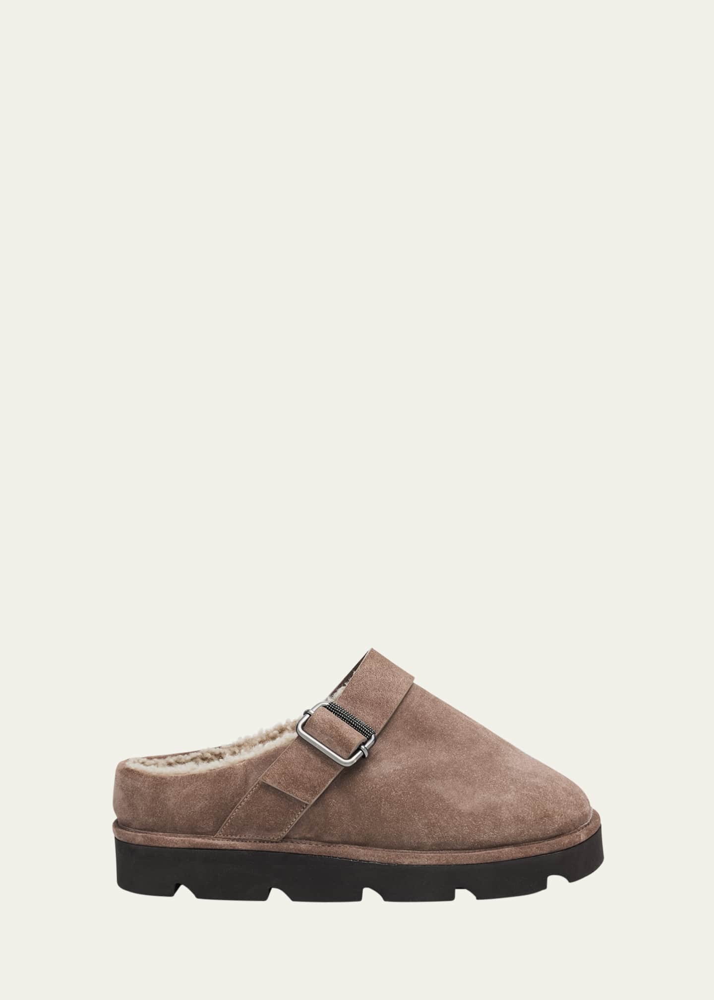 Brunello Cucinelli Shiny Detail Shearling-Lined Suede Mules Image 1 of 6