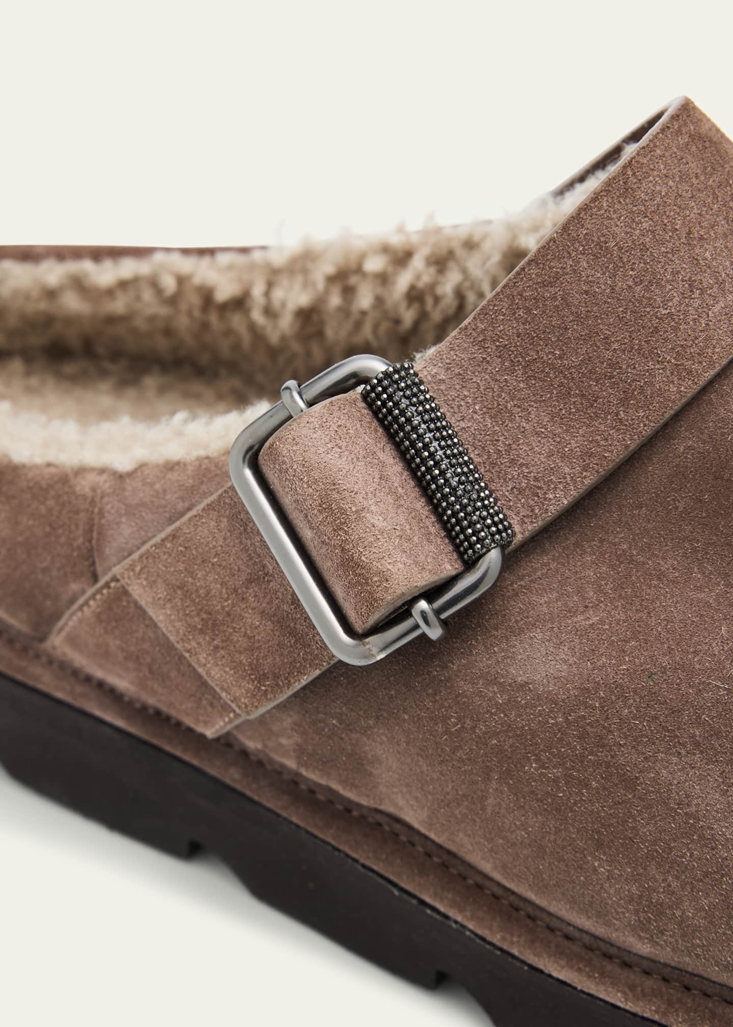 Brunello Cucinelli Shiny Detail Shearling-Lined Suede Mules Image 5 of 6