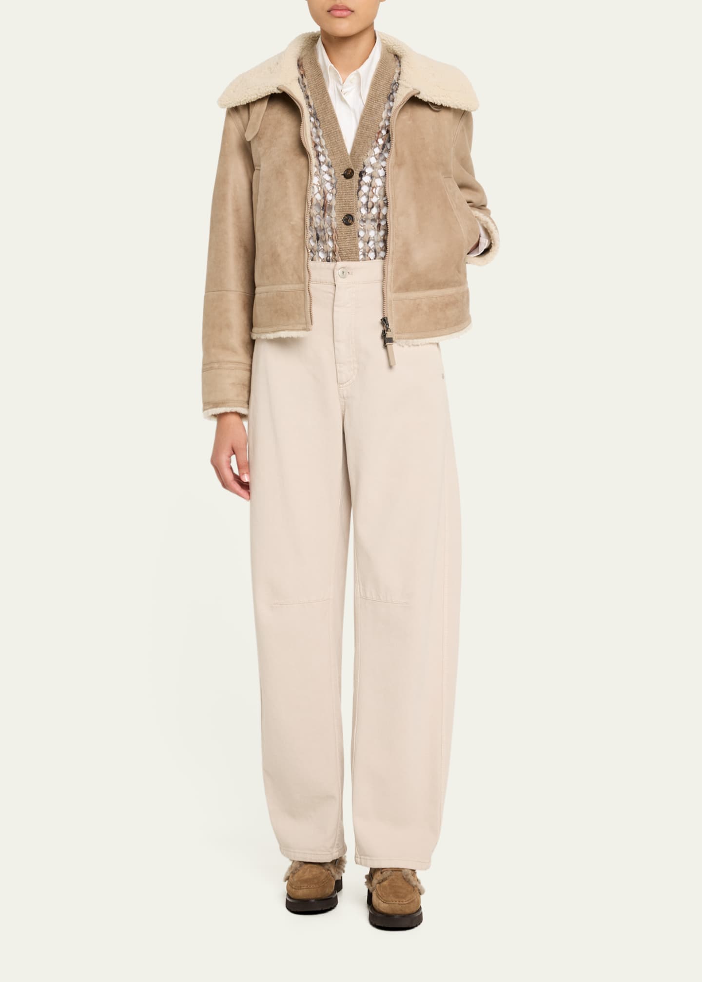 Brunello Cucinelli Monili Detail Shearling-Lined Suede Boat Shoes Image 3 of 6