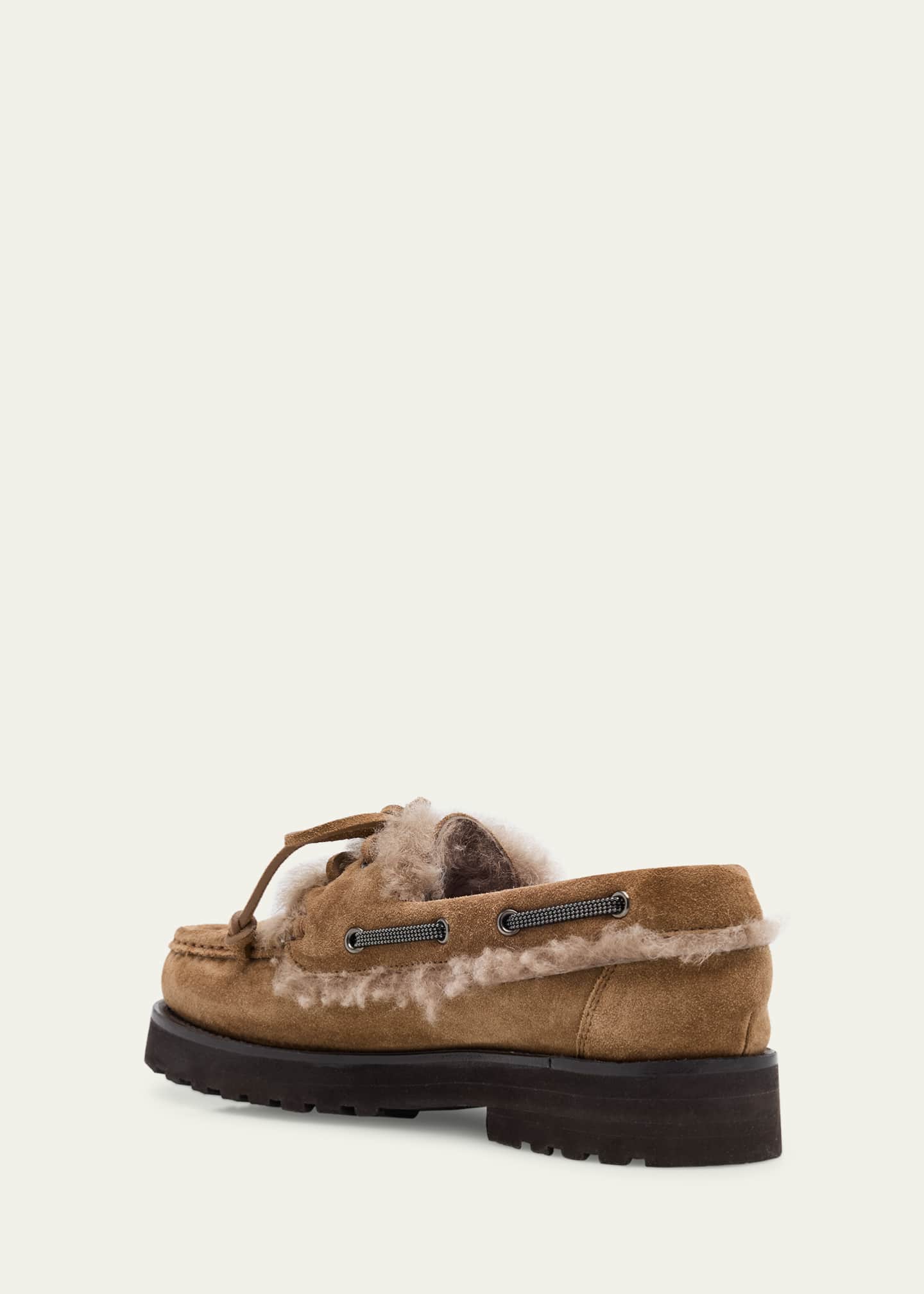 Brunello Cucinelli Monili Detail Shearling-Lined Suede Boat Shoes Image 4 of 6