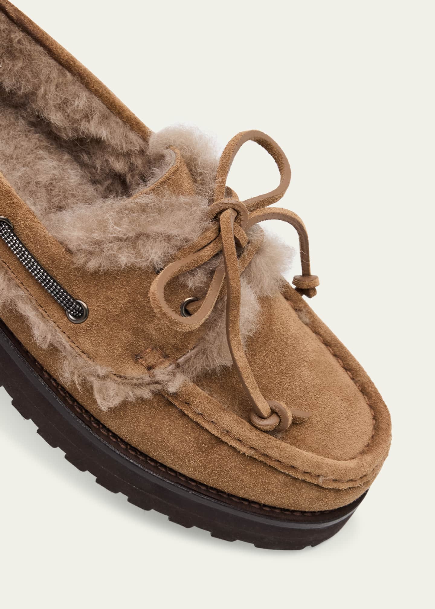 Brunello Cucinelli Monili Detail Shearling-Lined Suede Boat Shoes Image 5 of 6