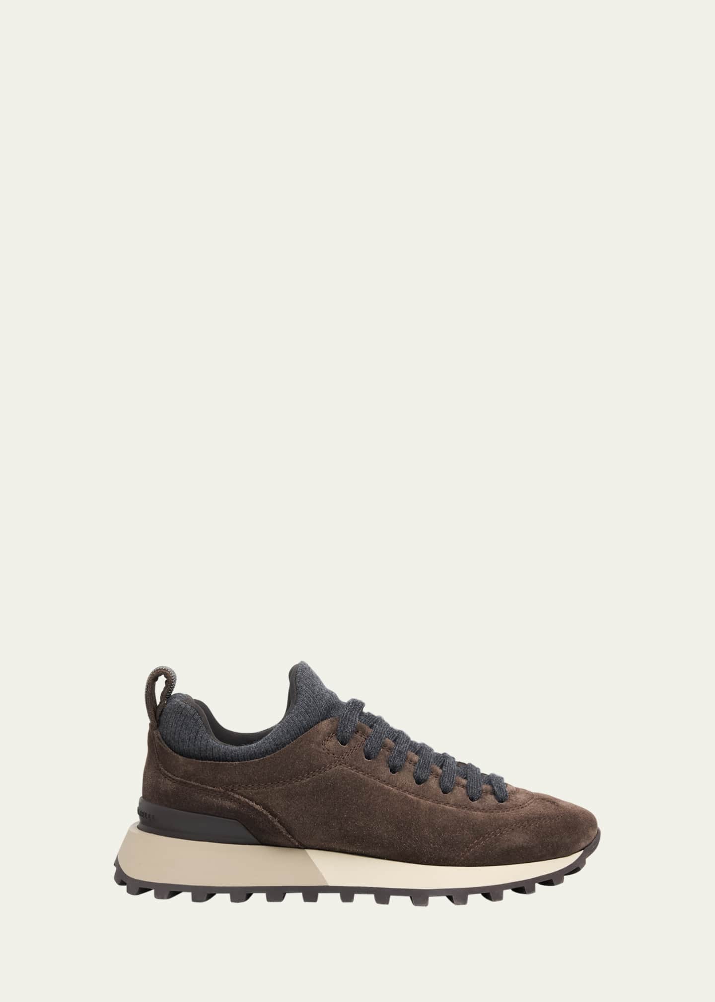 Brunello Cucinelli Suede Flannel Microsole Runner Sneakers with Monili Pull Tab Image 1 of 4