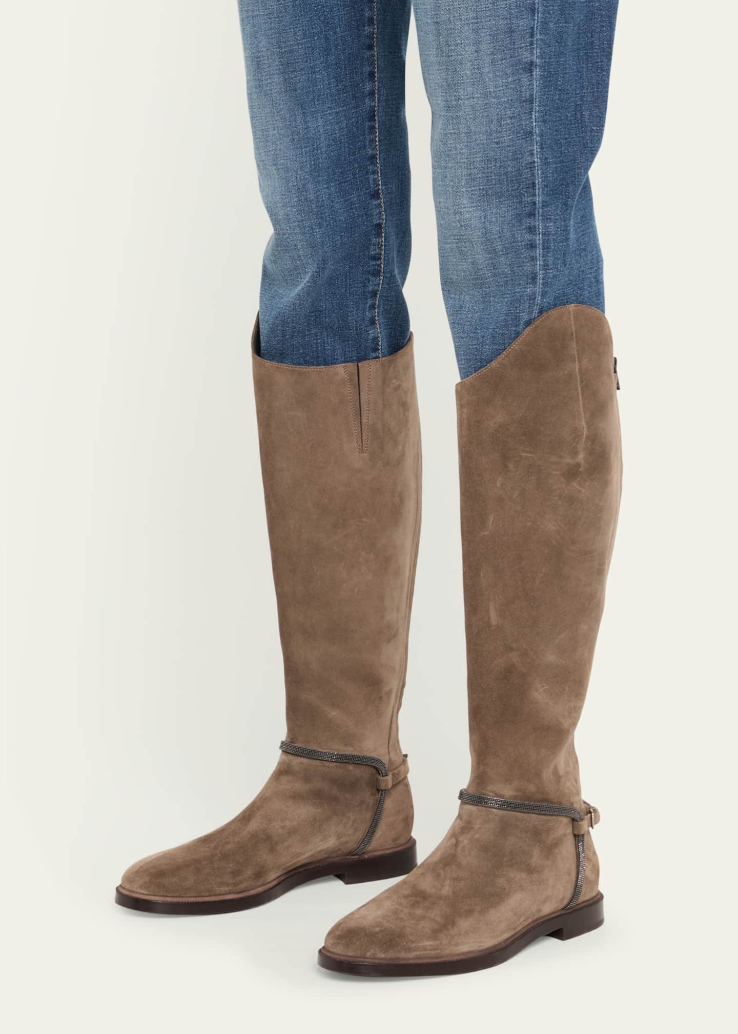 Brunello Cucinelli Suede Equestrian Boots with Monili Riding Detail Image 2 of 6