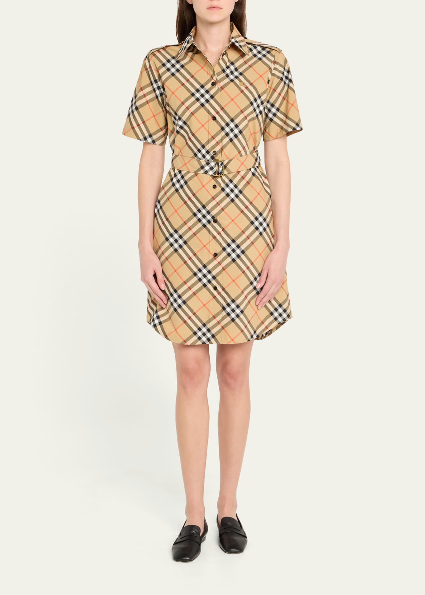 Burberry Check Short-Sleeve Belted Mini Shirtdress Image 2 of 5