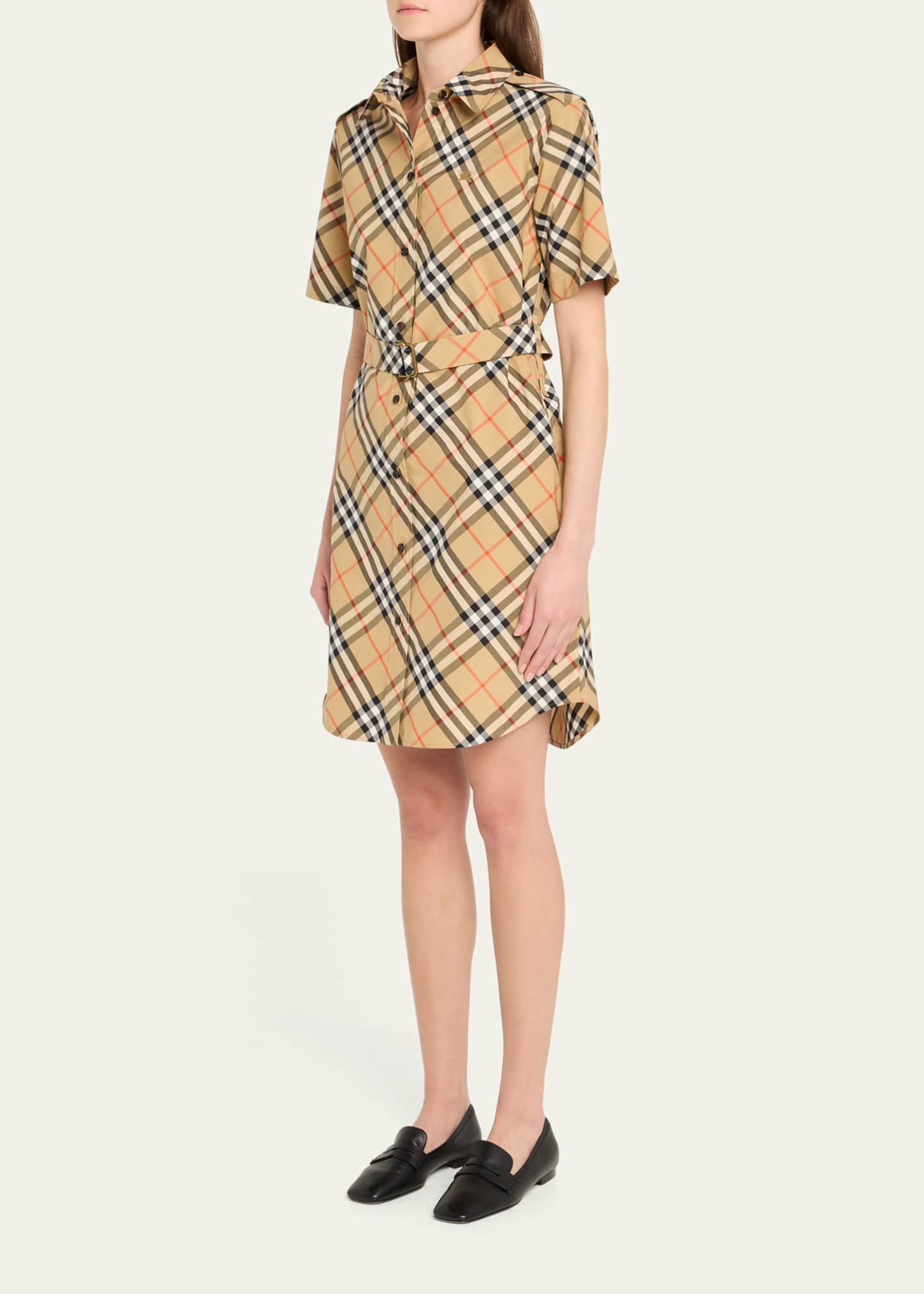 Burberry Check Short-Sleeve Belted Mini Shirtdress Image 4 of 5