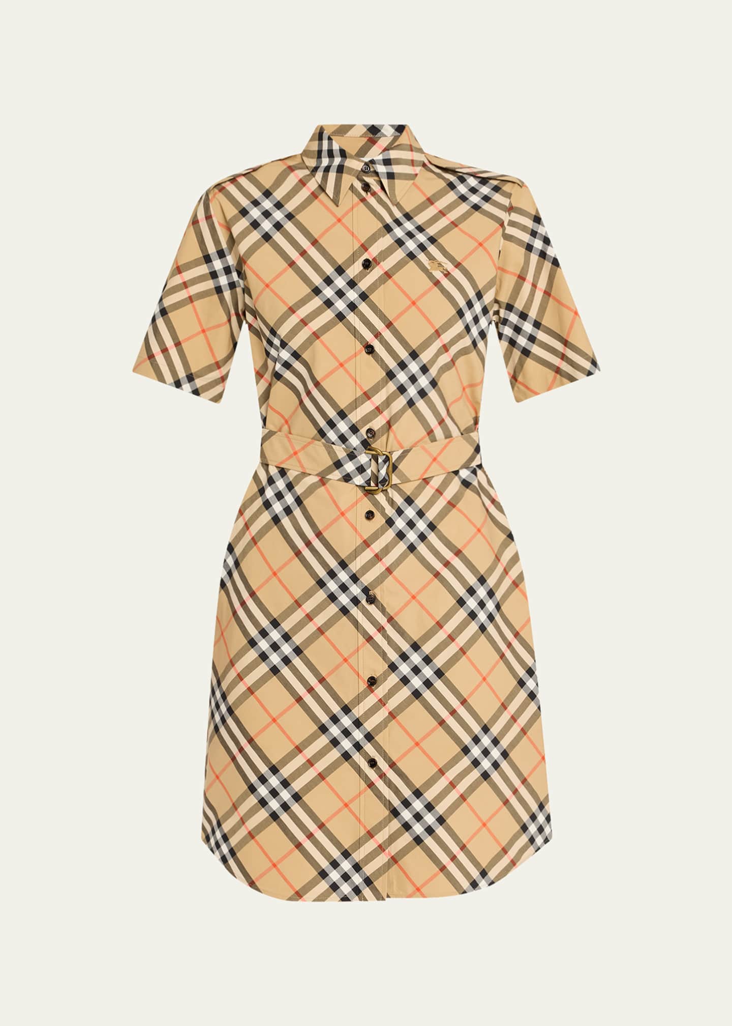 Burberry Check Short-Sleeve Belted Mini Shirtdress Image 1 of 5