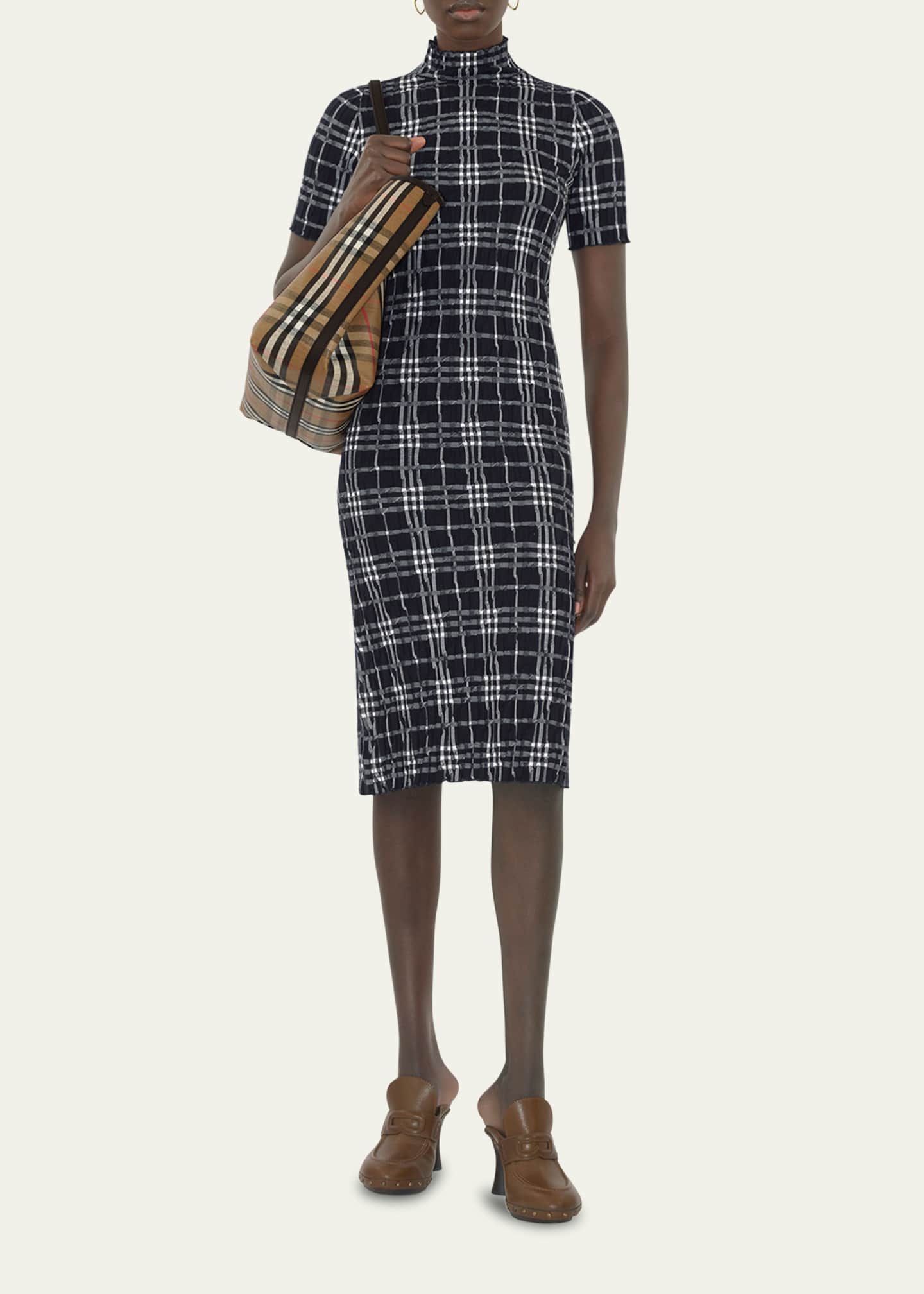 Burberry Check Short-Sleeve Crinkle Midi Dress Image 2 of 4