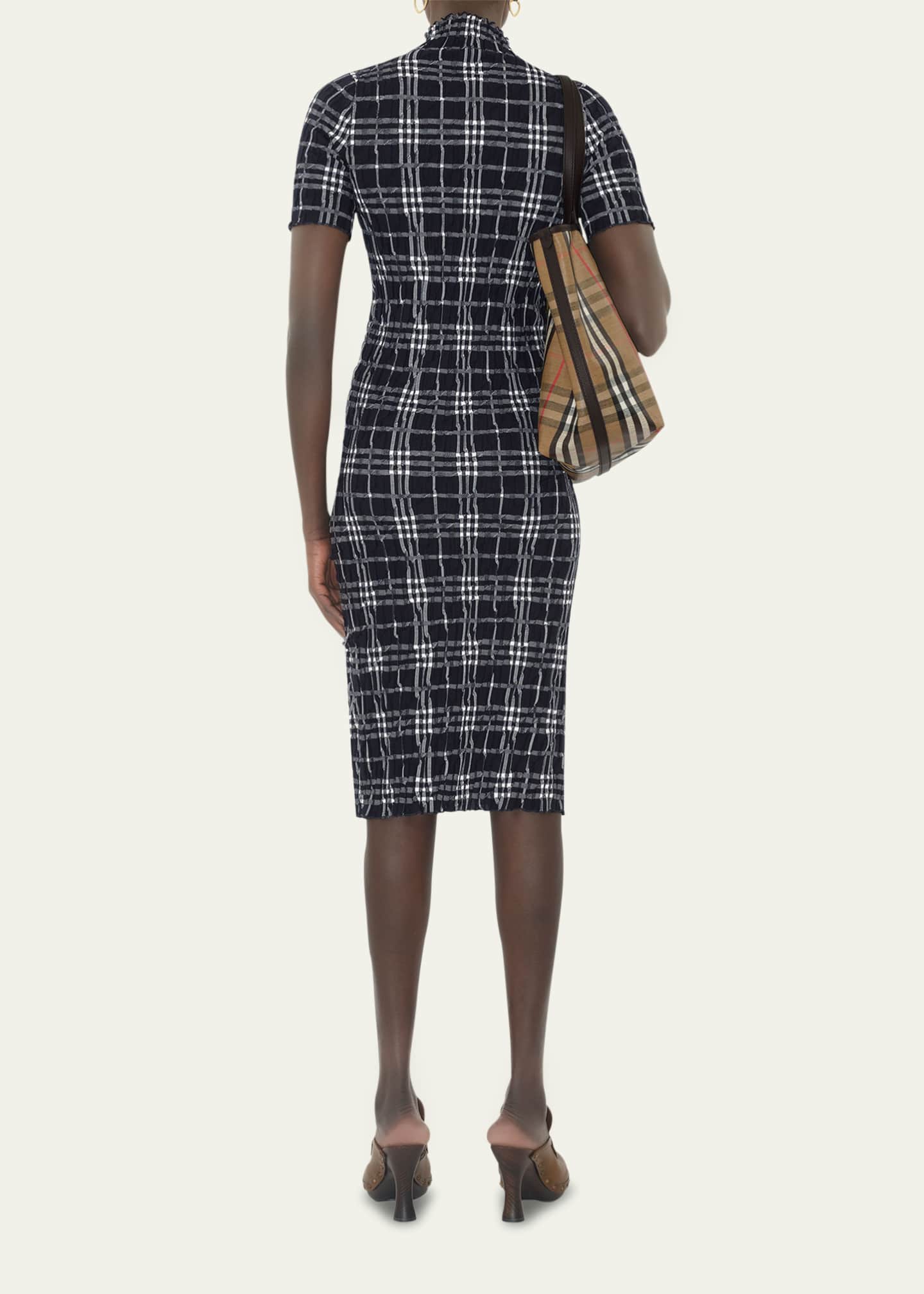 Burberry Check Short-Sleeve Crinkle Midi Dress Image 3 of 4