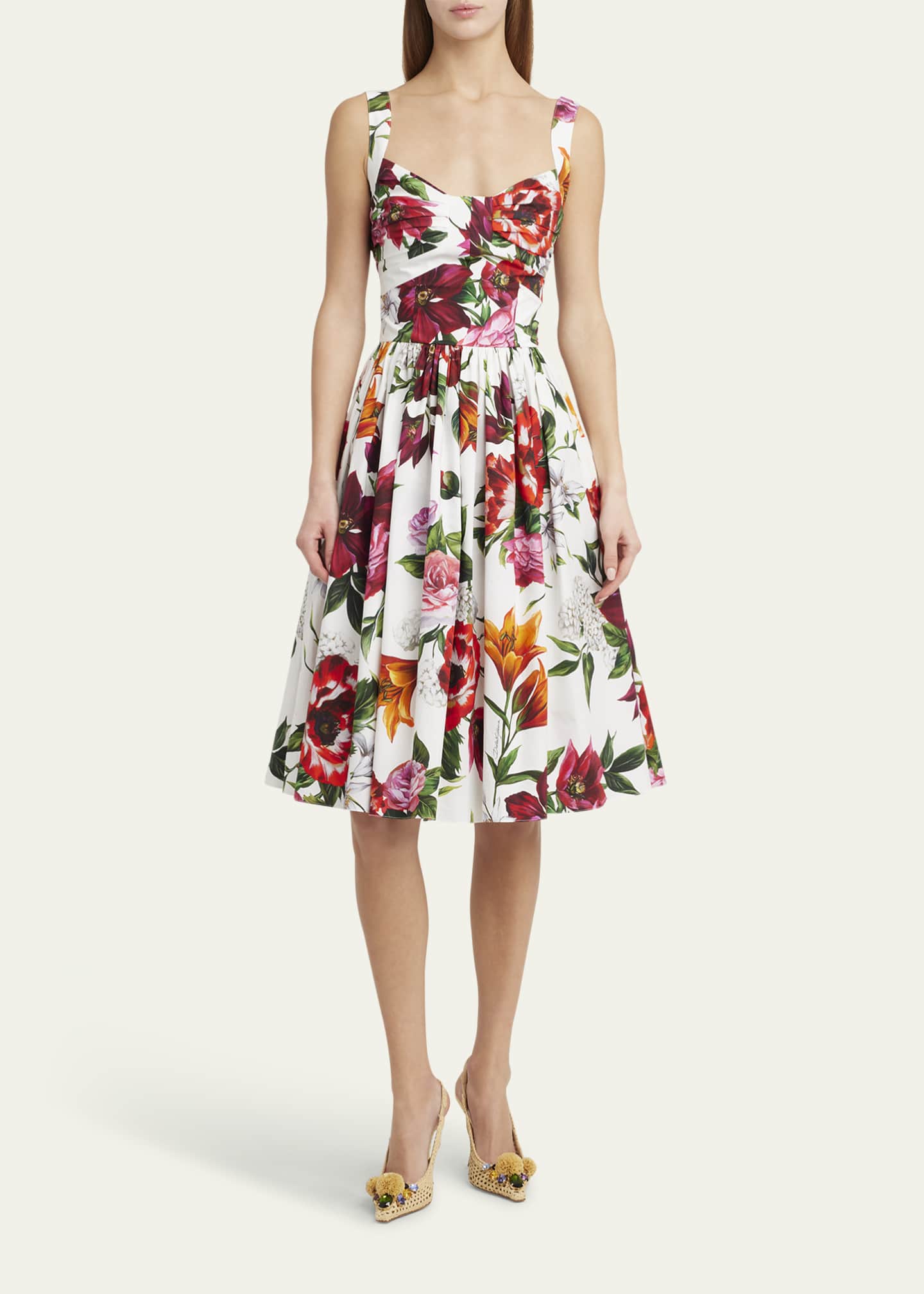 Dolce&Gabbana Floral Poplin Pleated Bust Fit-&-Flare Dress Image 2 of 5